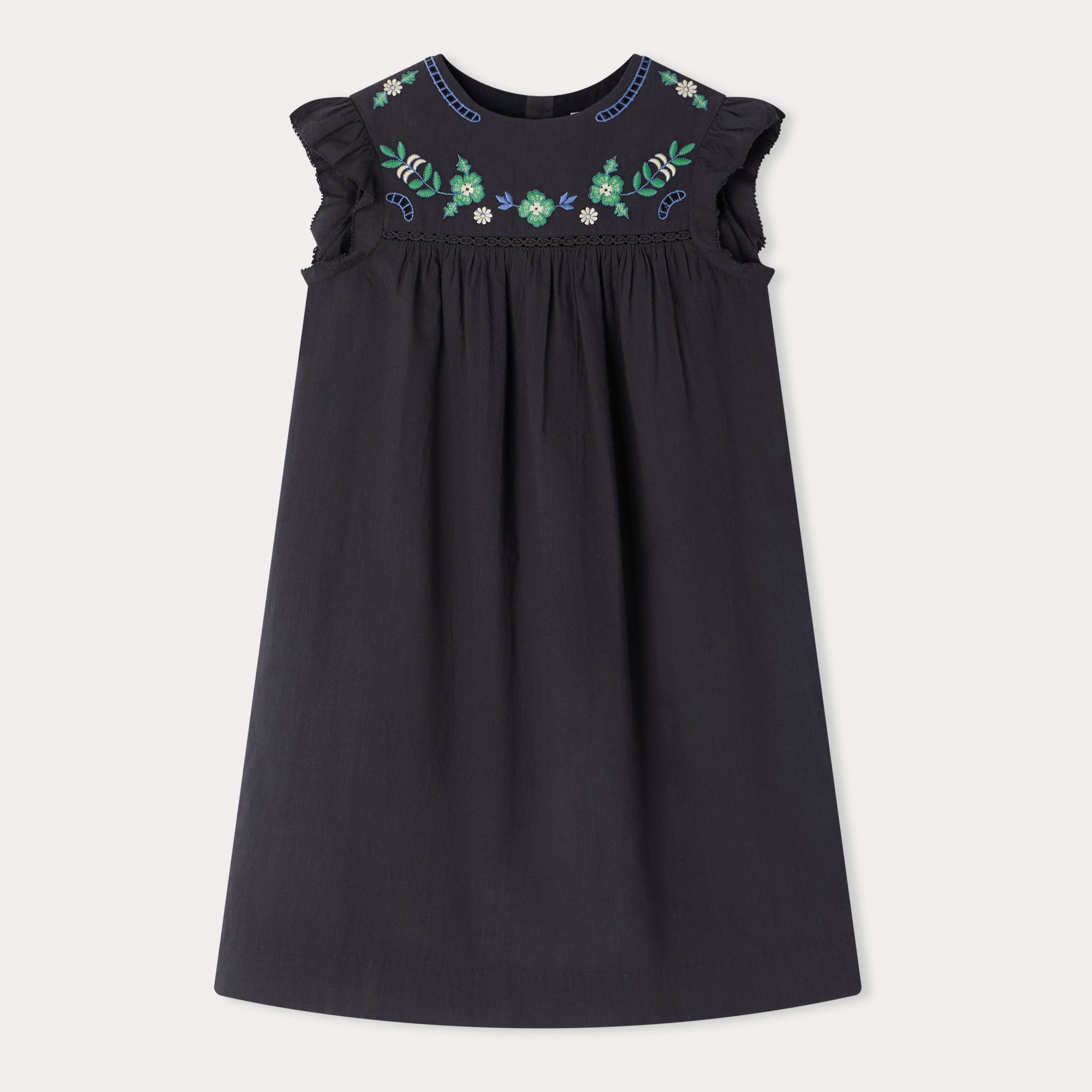 Girls Navy Embroidered Cotton Dress