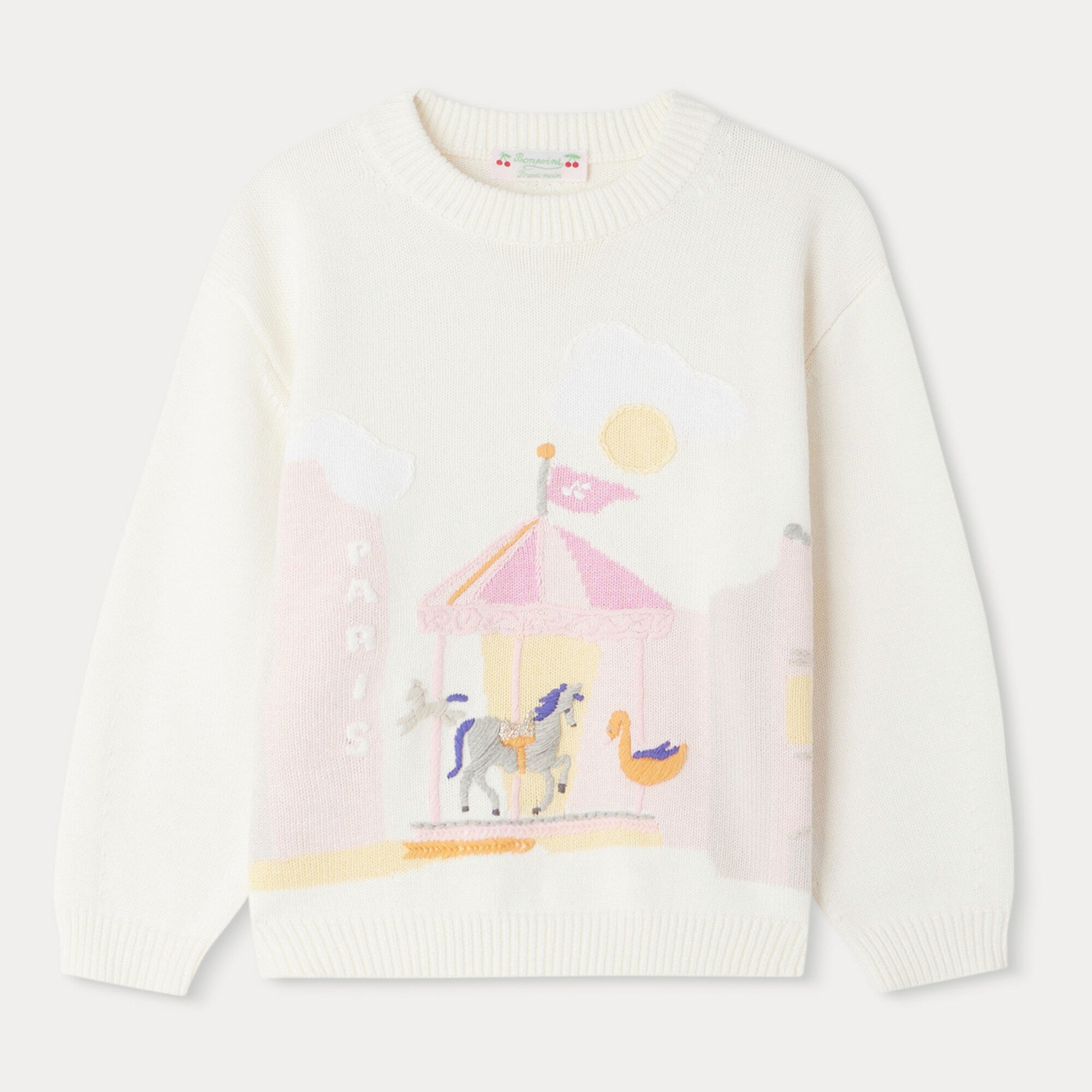 Girls White Jacquard Cotton Sweater