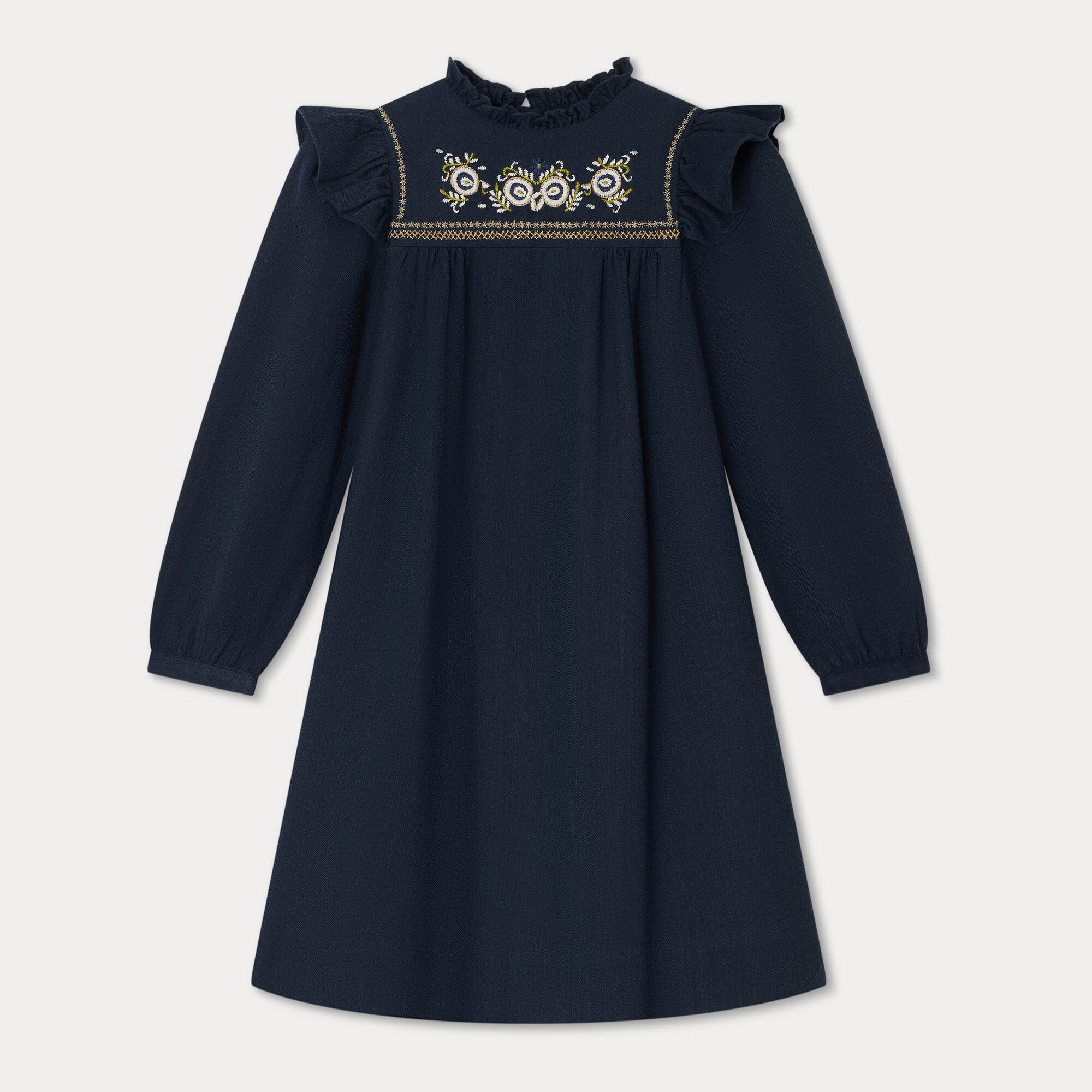 Girls Navy Embroidered Wool Dress