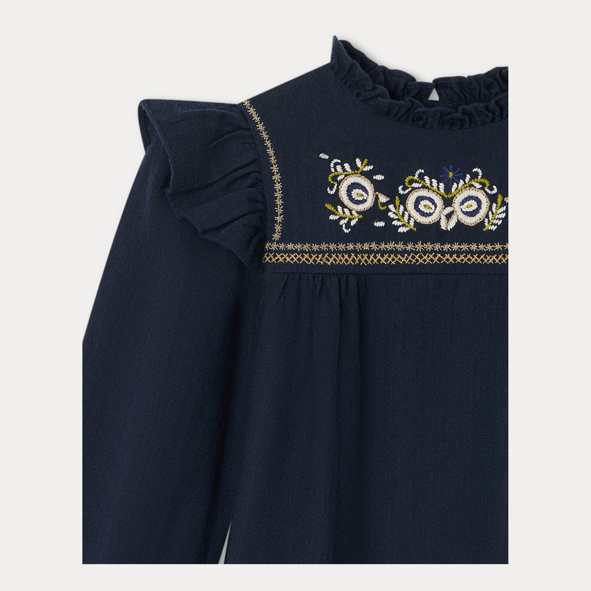 Girls Navy Embroidered Wool Dress