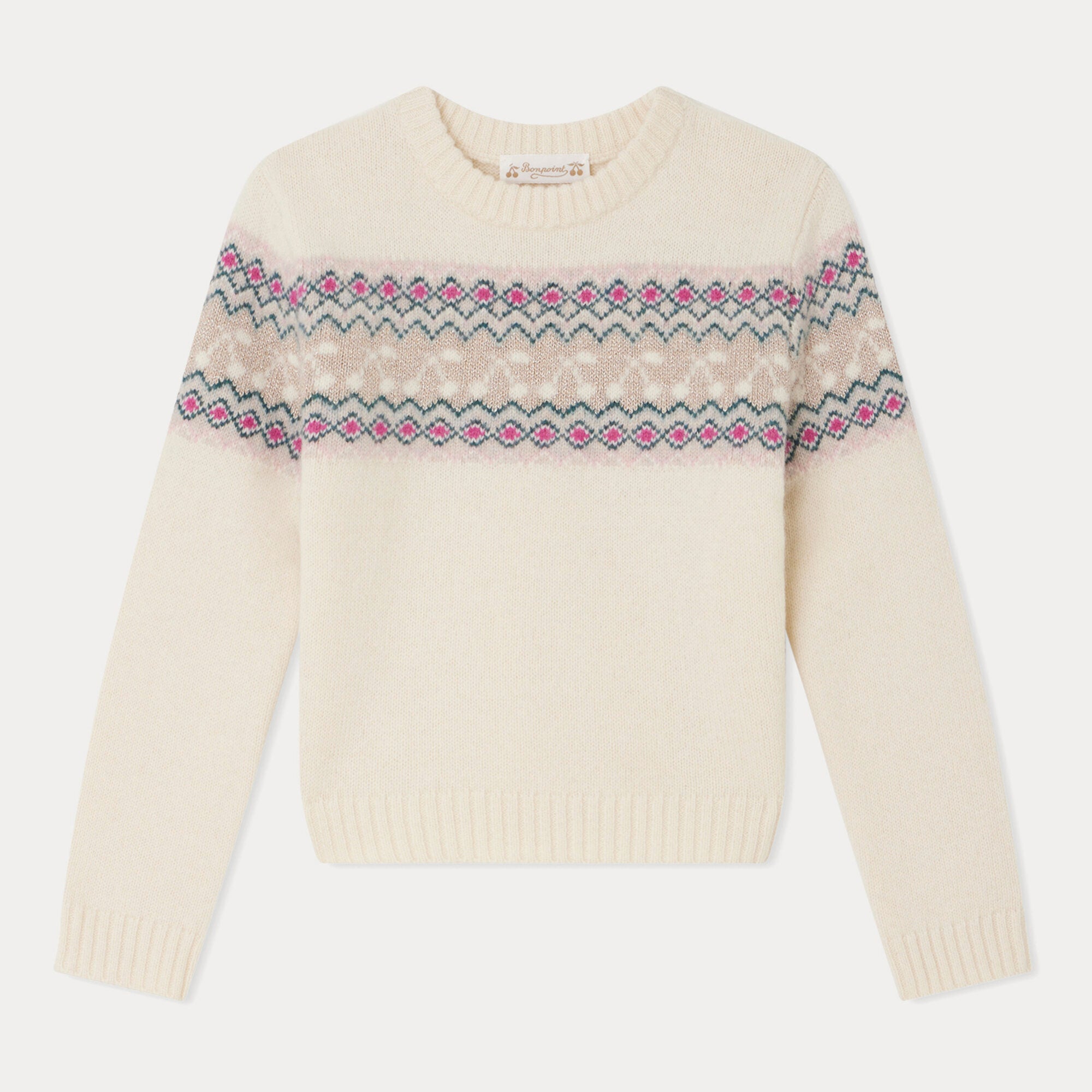 Girls White Jacquard Wool Sweater