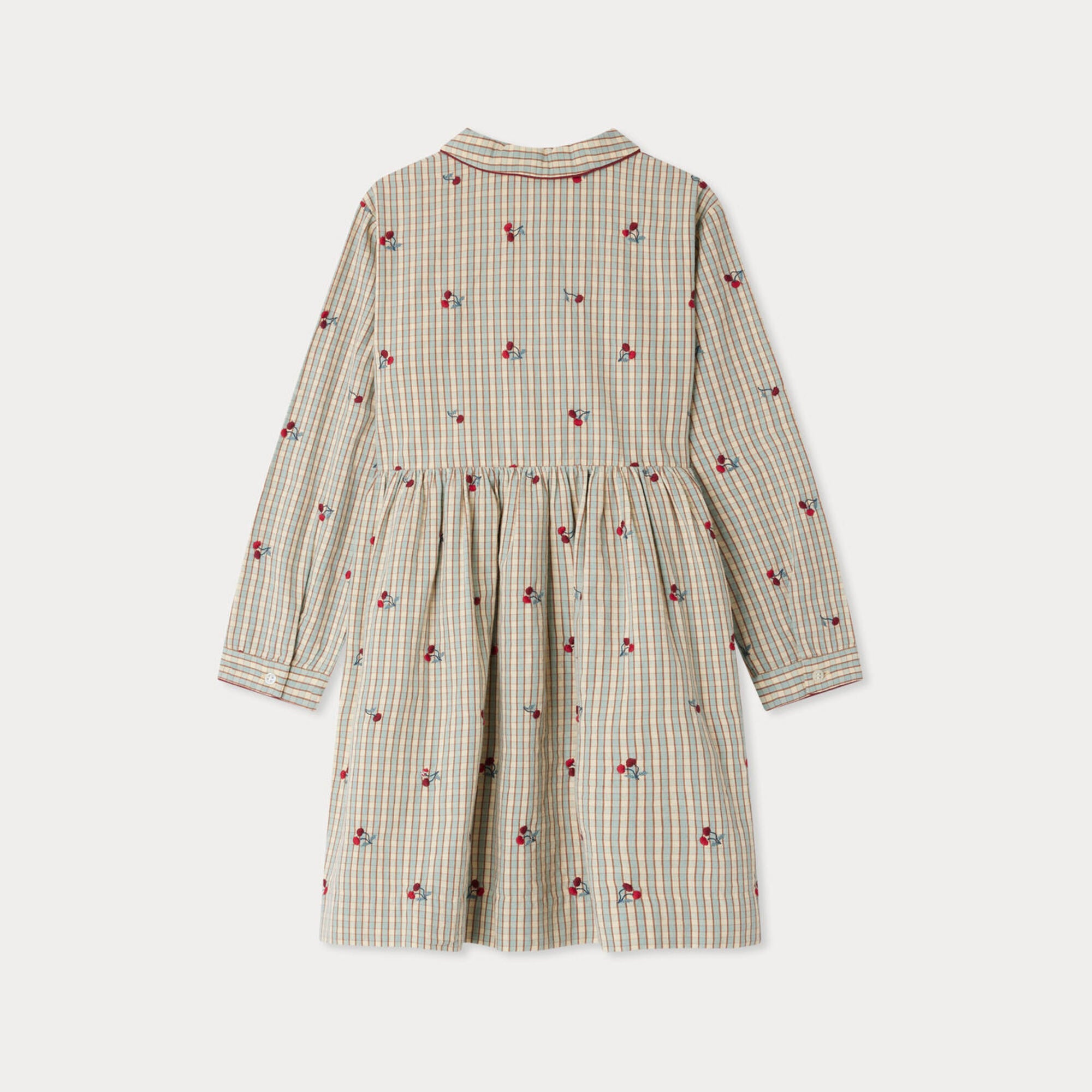 Girls Beige Check Embroidered Cherry Cotton Dress