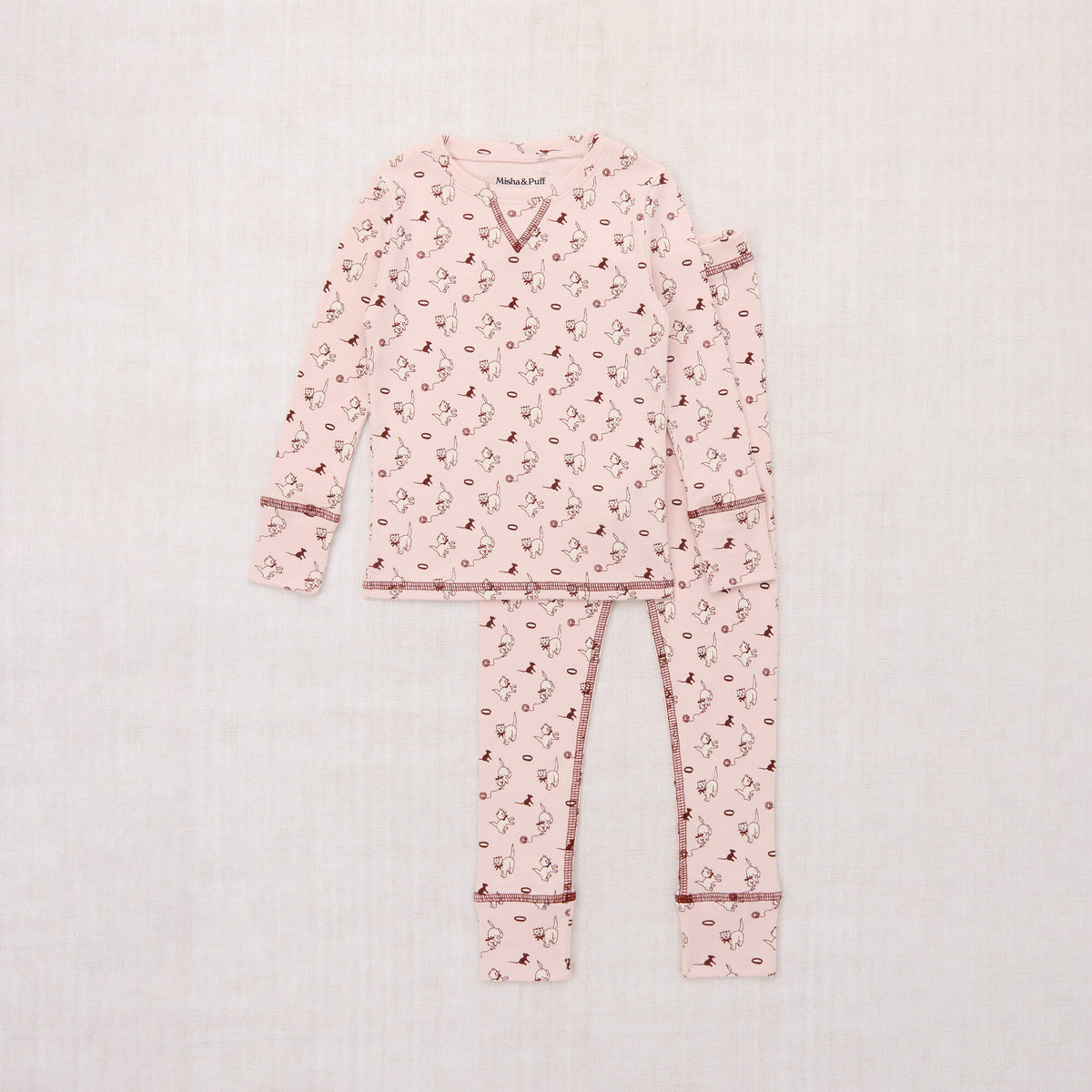 Girls Light Pink Cat Printed Cotton Nightwear Set