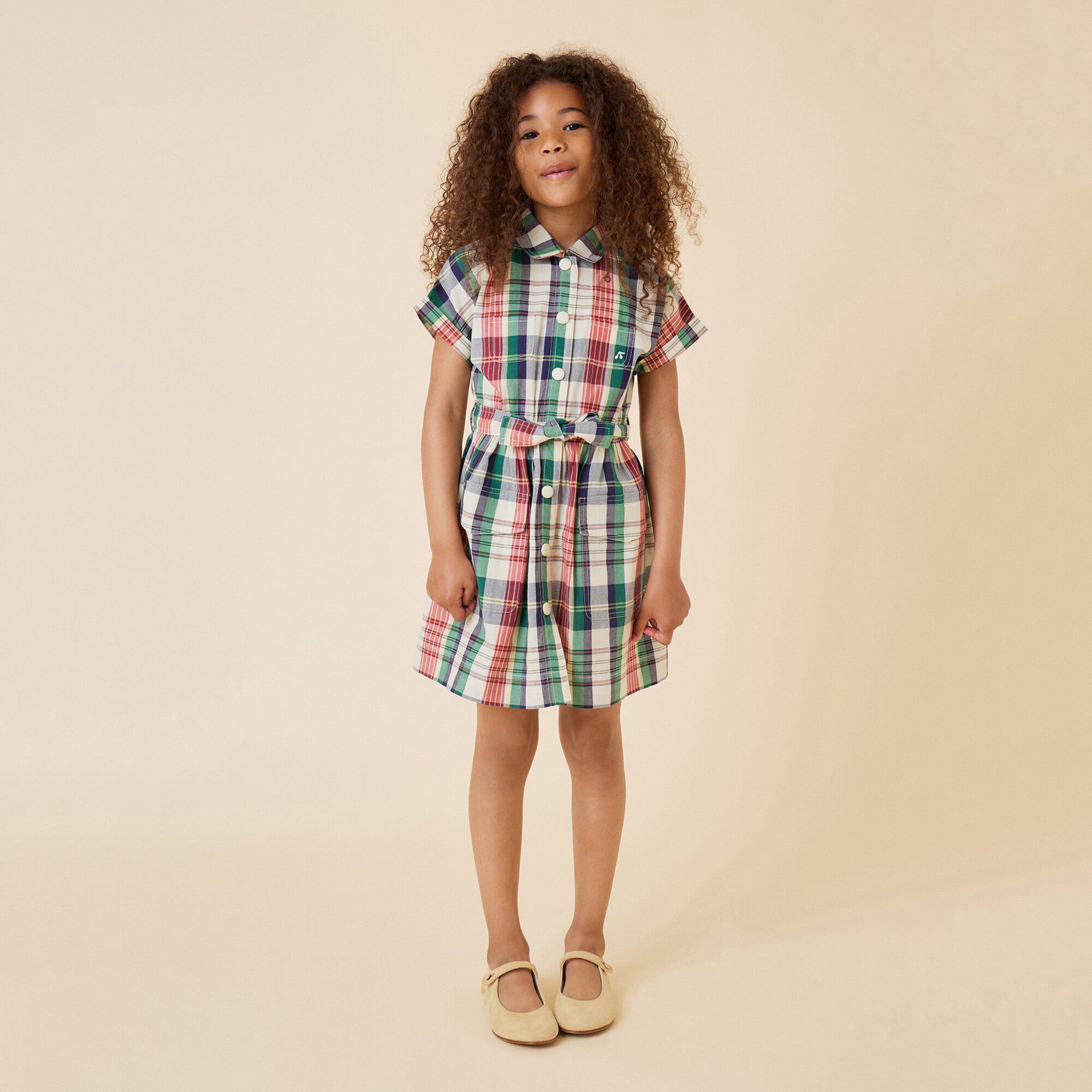 Girls Green Check Cotton Dress