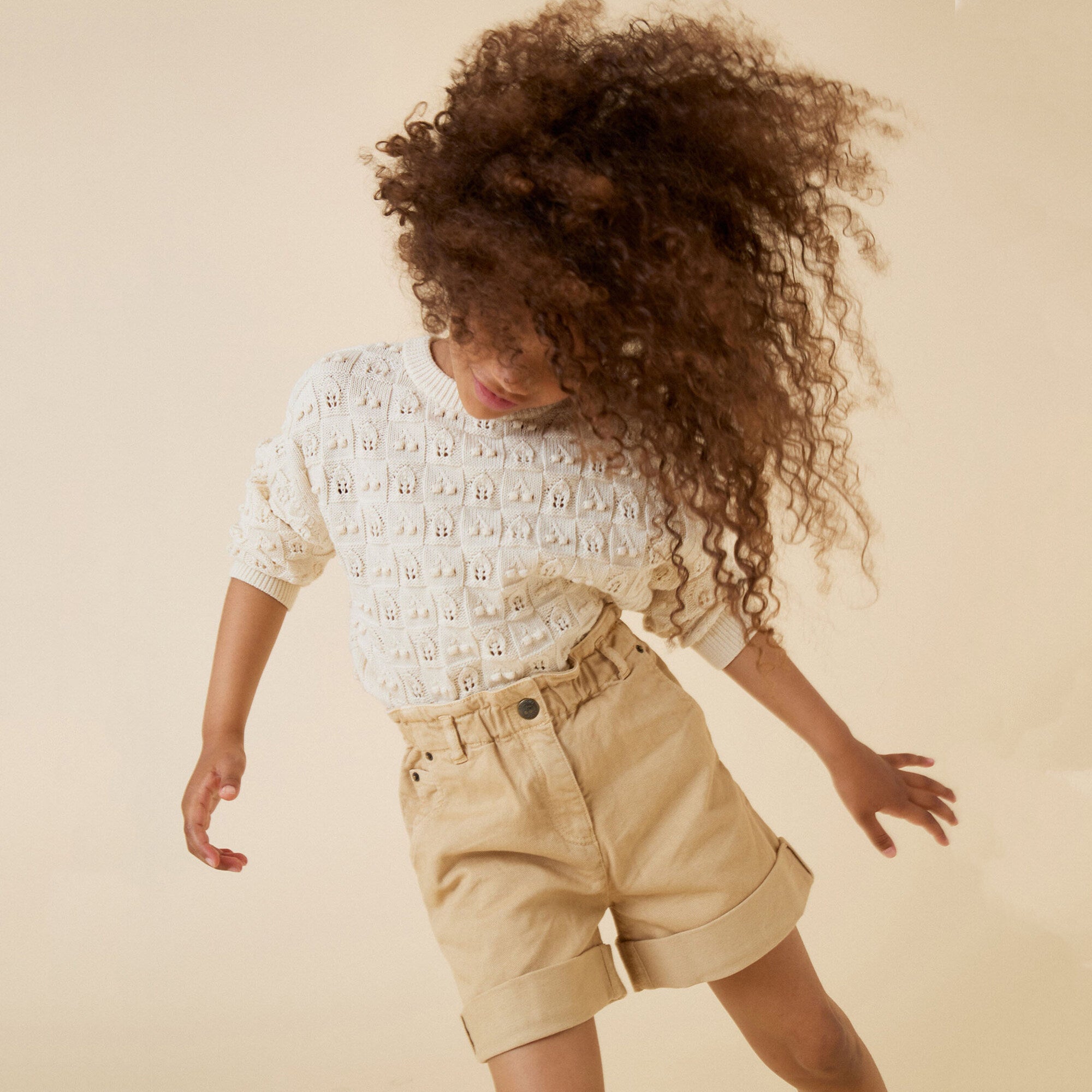 Girls Beige Hollow Cotton Sweater
