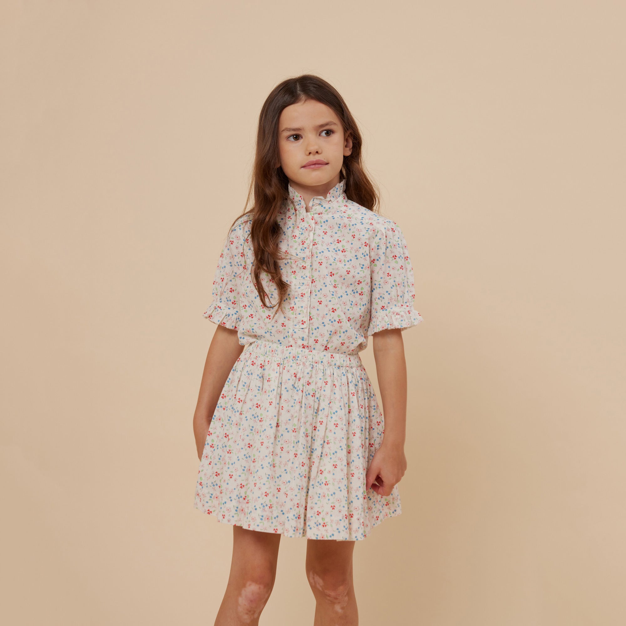Girls White Floral Cotton Shirt