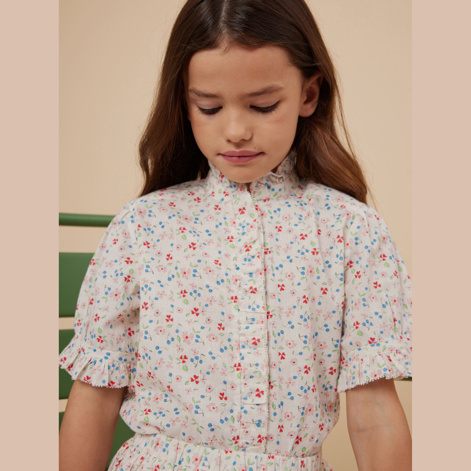 Girls White Floral Cotton Shirt