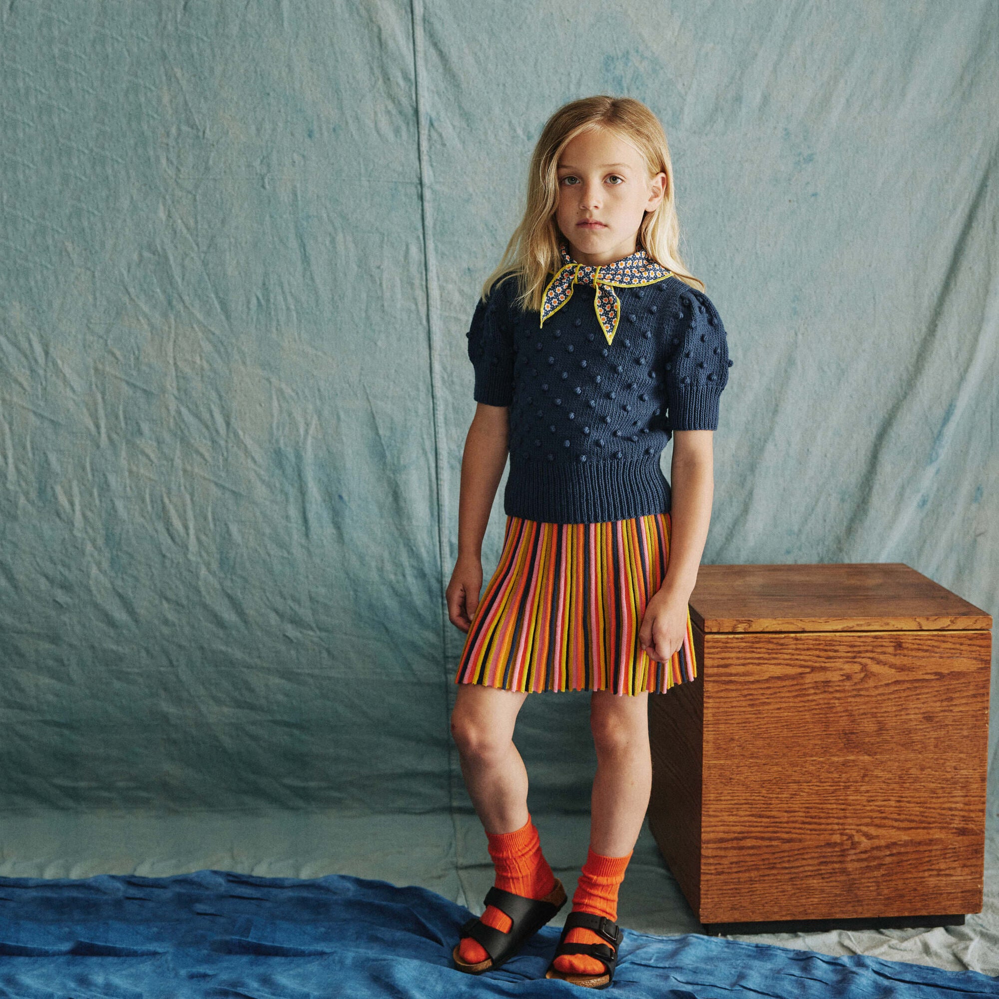 Girls Navy Popcorn Cotton Sweater