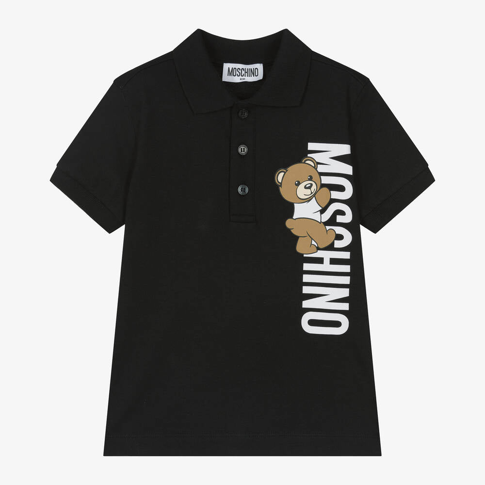 Boys Black Teddy Bear Cotton Polo Shirt