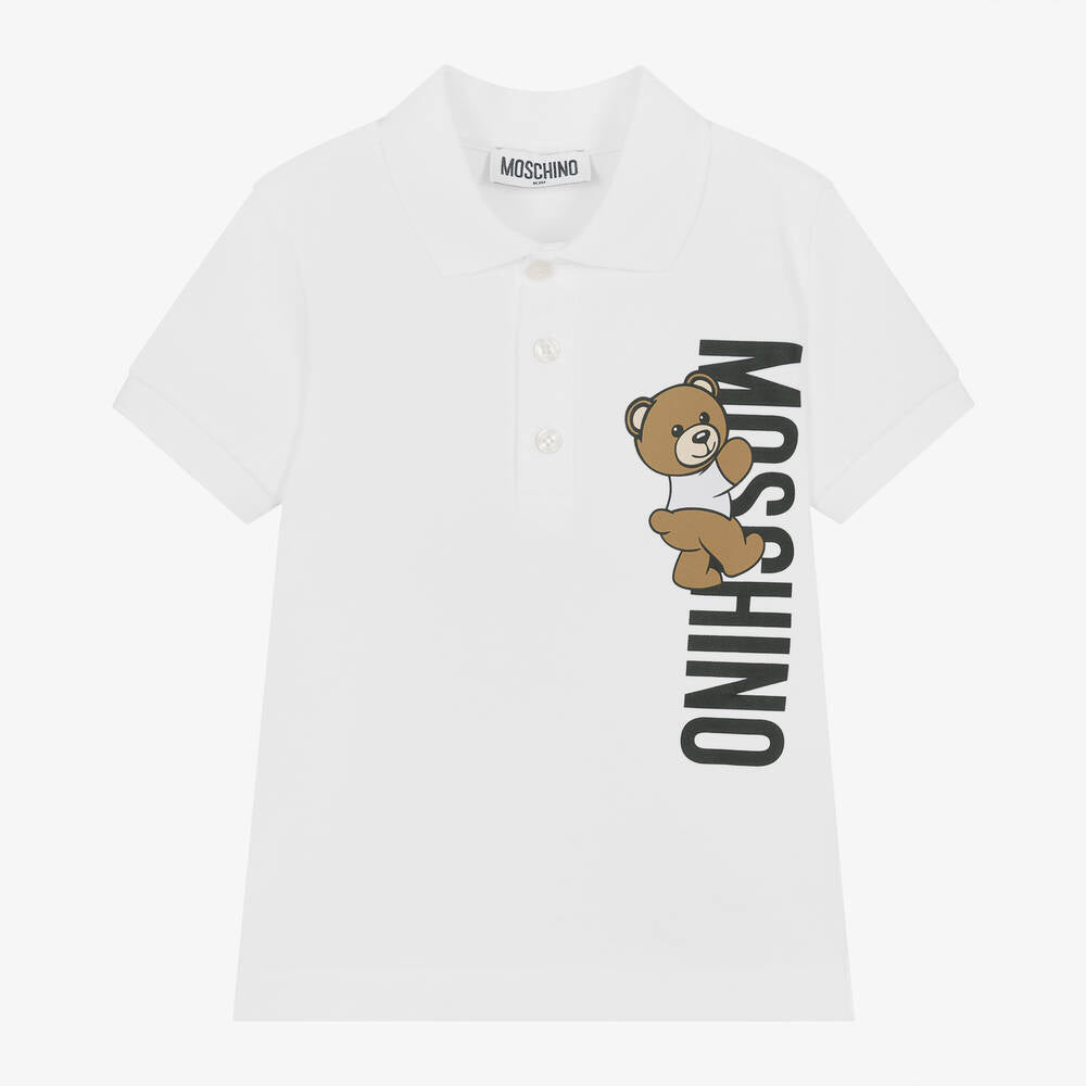 Boys White Teddy Bear Cotton Polo Shirt