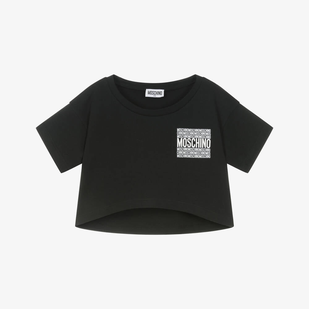 Girls Black Printed Logo Cotton T-Shirt