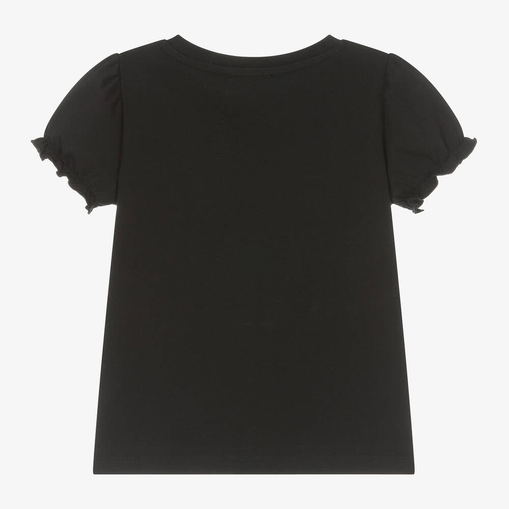 Girls Black Teddy Bear Cotton T-Shirt