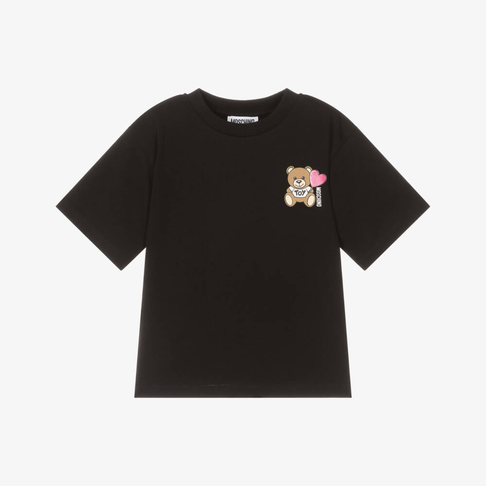 Girls Black Printed Logo Cotton T-Shirt