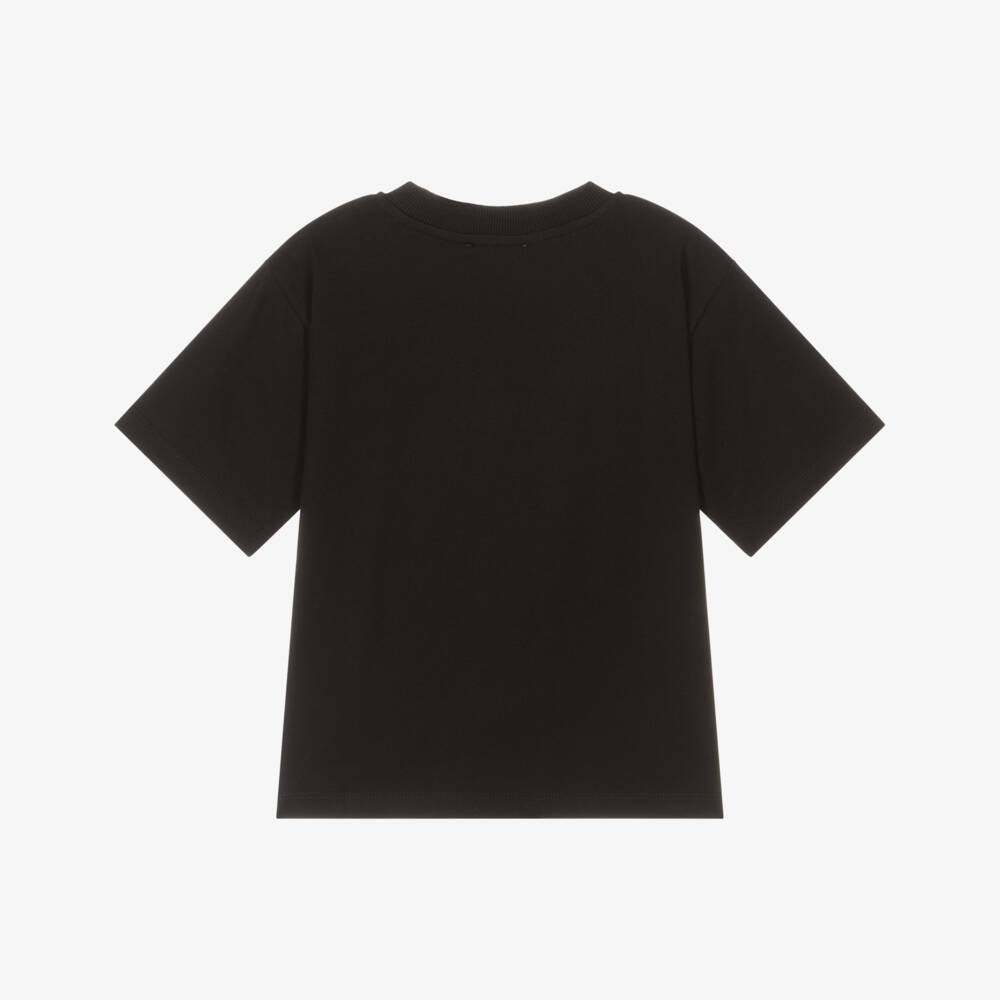 Girls Black Printed Logo Cotton T-Shirt