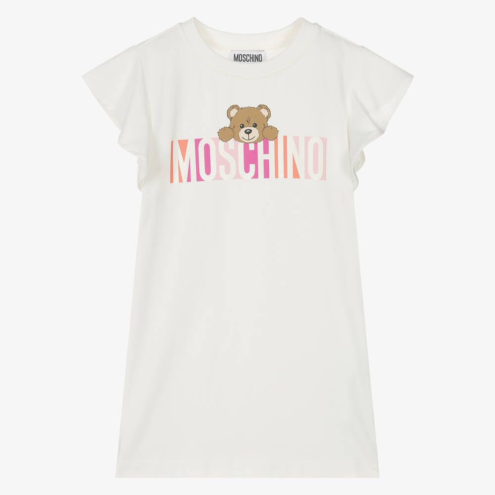 Girls White Printed Logo Cotton Dress