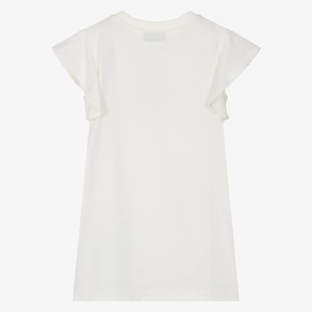 Girls White Printed Logo Cotton Dress