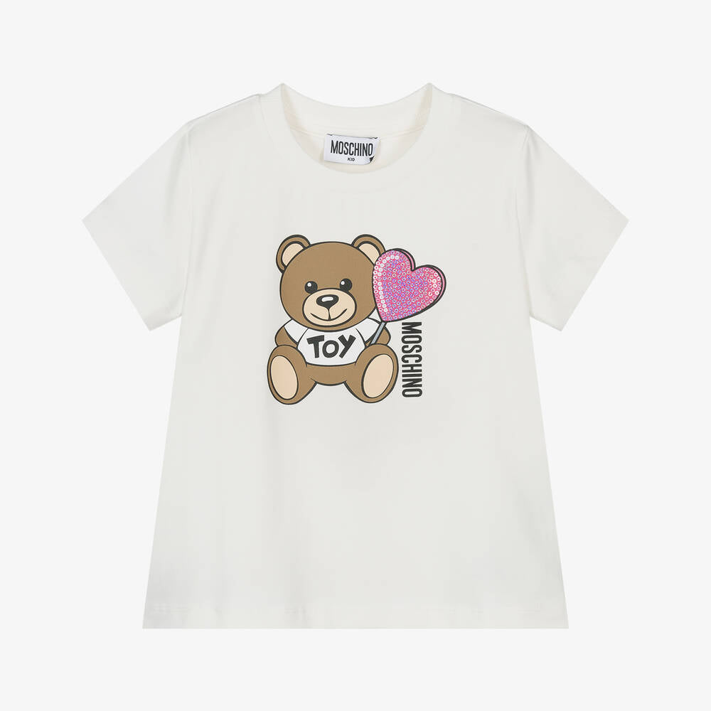 Girls White Printed Cotton T-Shirt