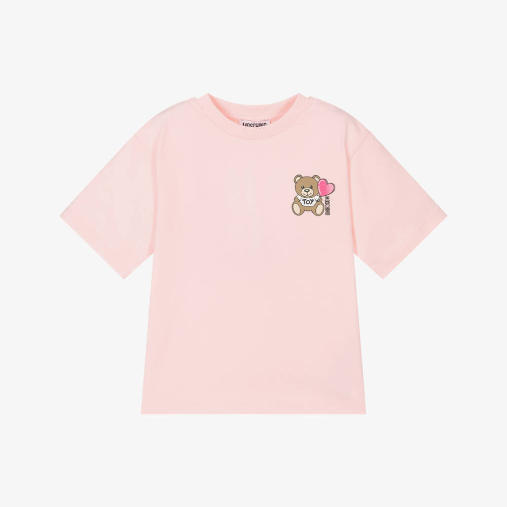 Girls Pink Printed Logo Cotton T-Shirt