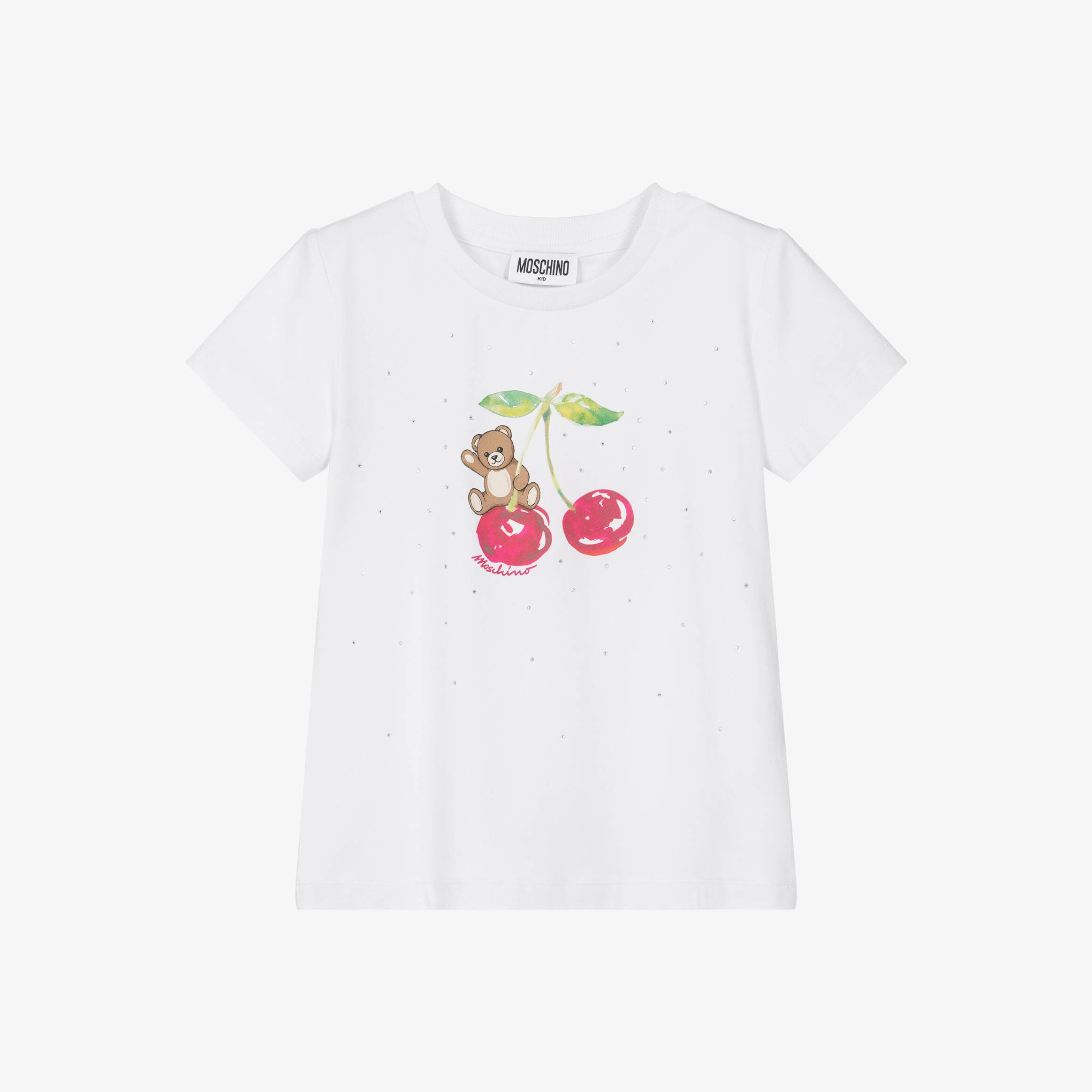 Girls White Cherry Printed Cotton T-Shirt