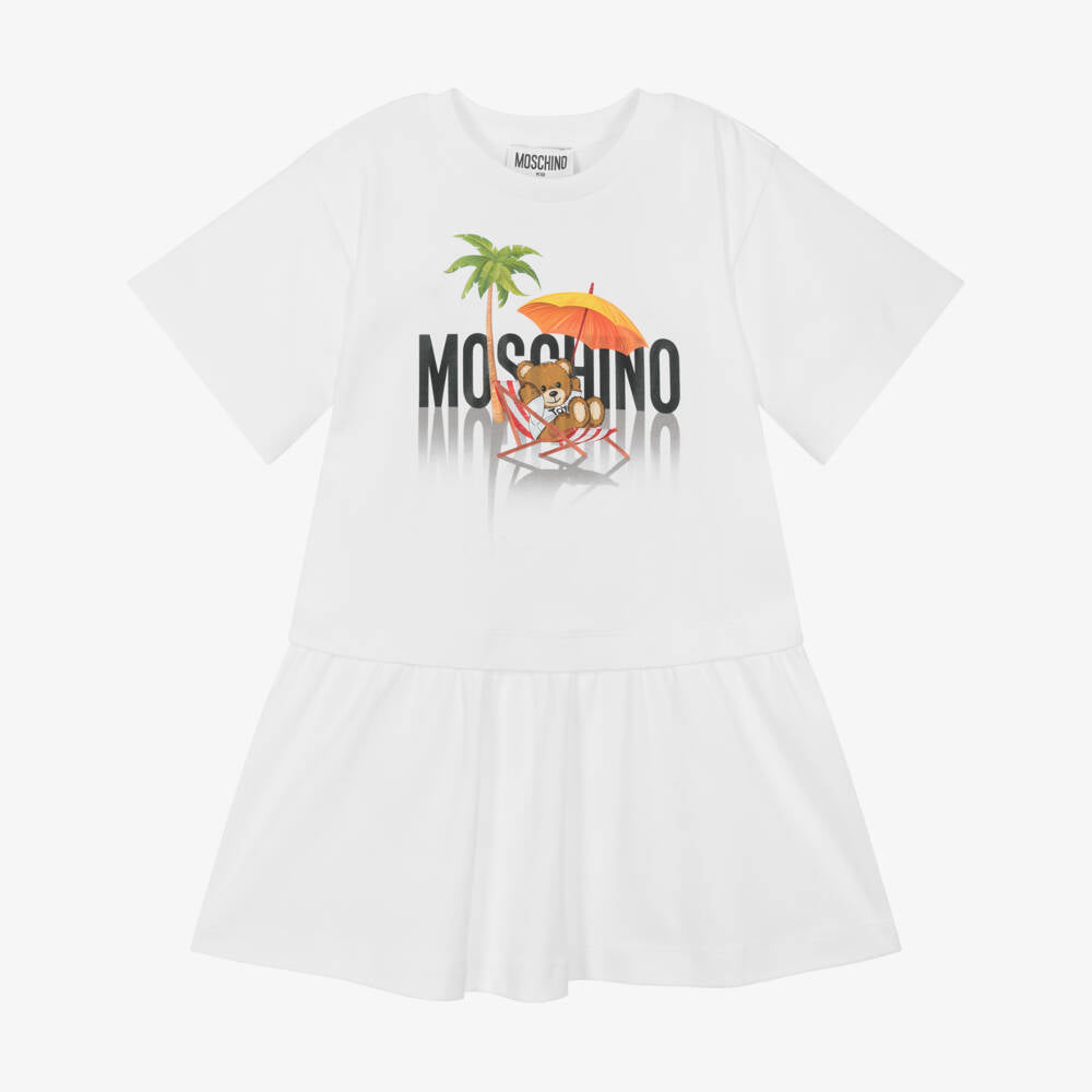 Girls White Printed Cotton Dress