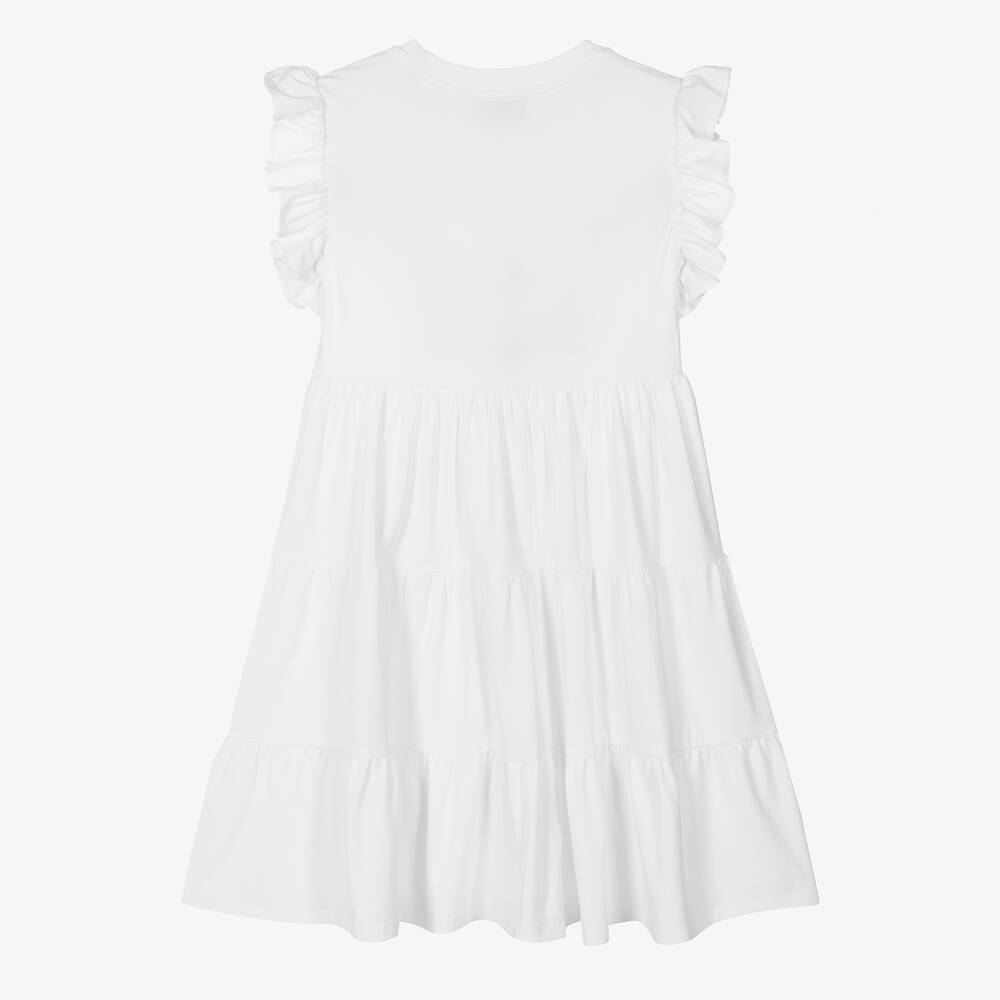 Girls White Printed Cotton Dress