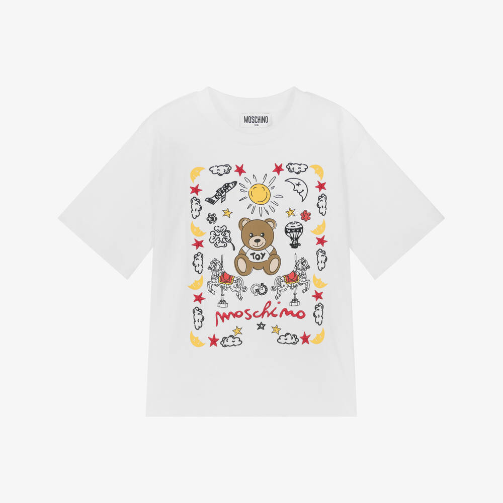 Boys & Girls White Printed Cotton T-Shirt