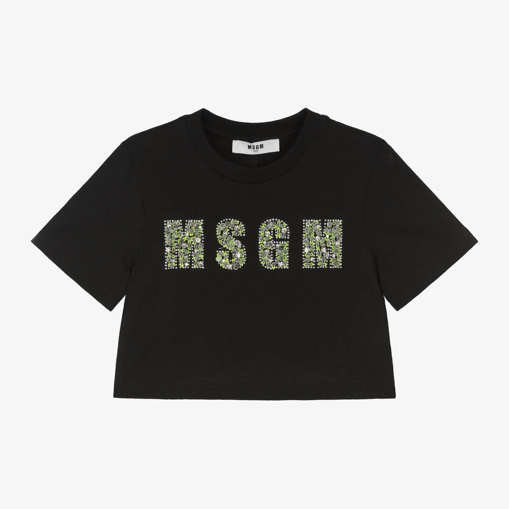 Girls Black Cropped Cotton T-Shirt