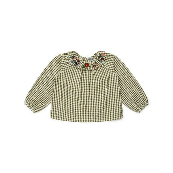 Girls Green Check Embroidered Cotton Top