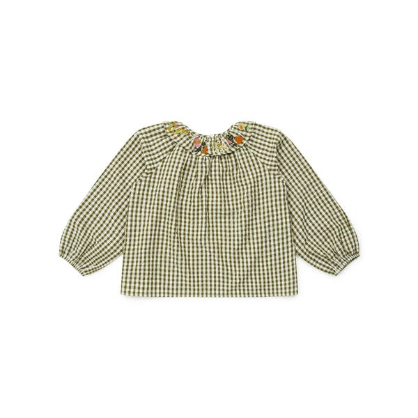 Girls Green Check Embroidered Cotton Top