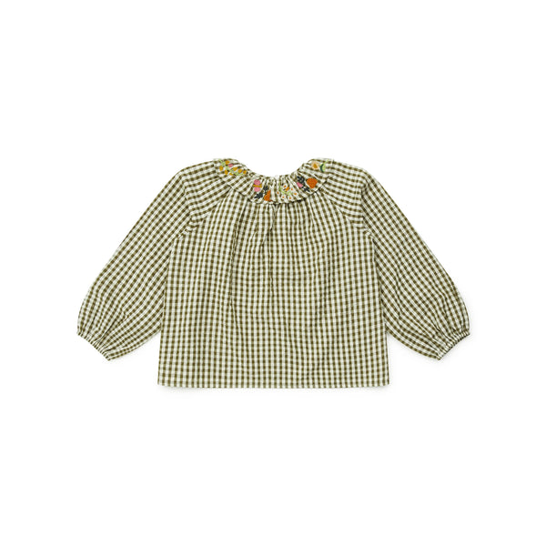 Girls Green Check Embroidered Cotton Top