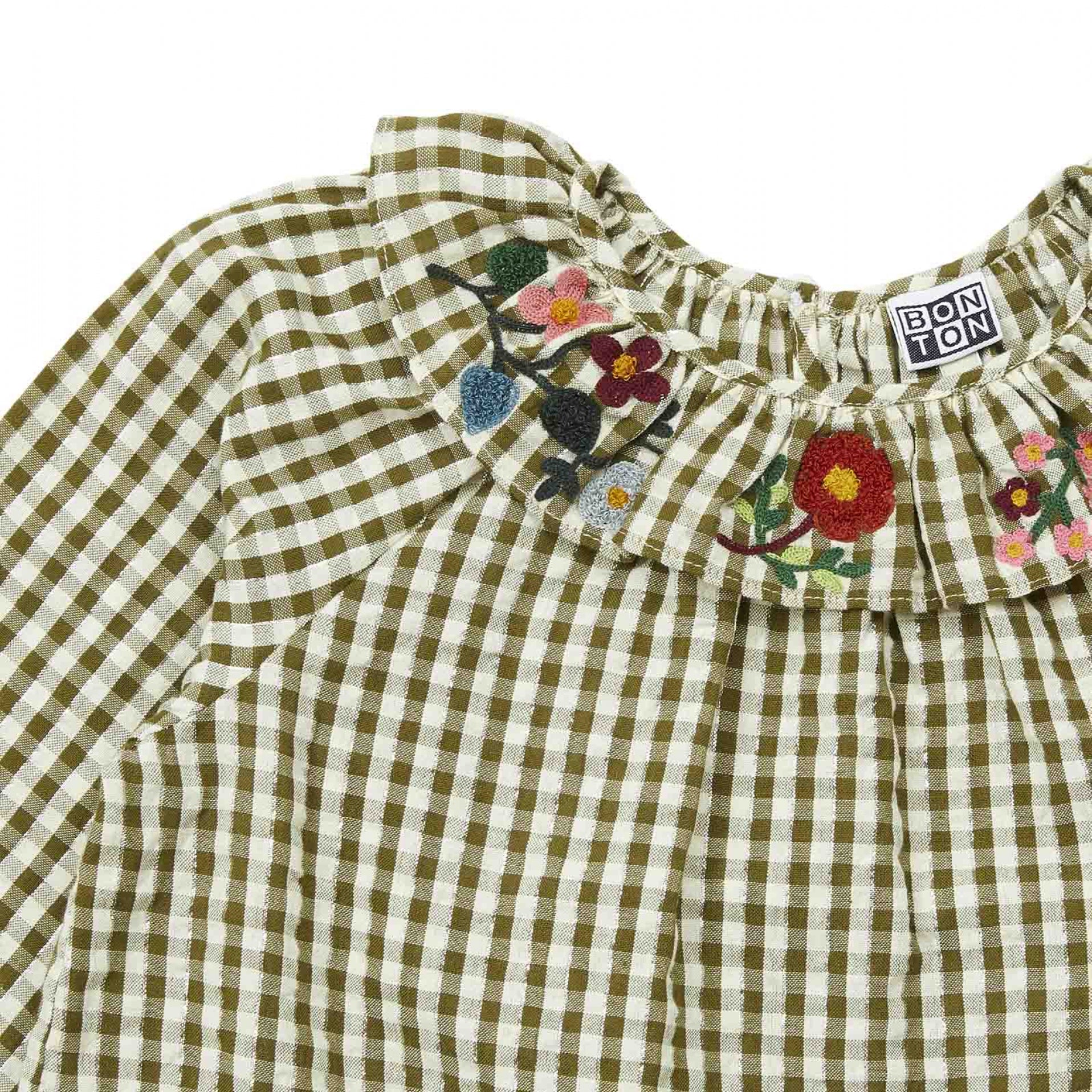 Girls Green Check Embroidered Cotton Top