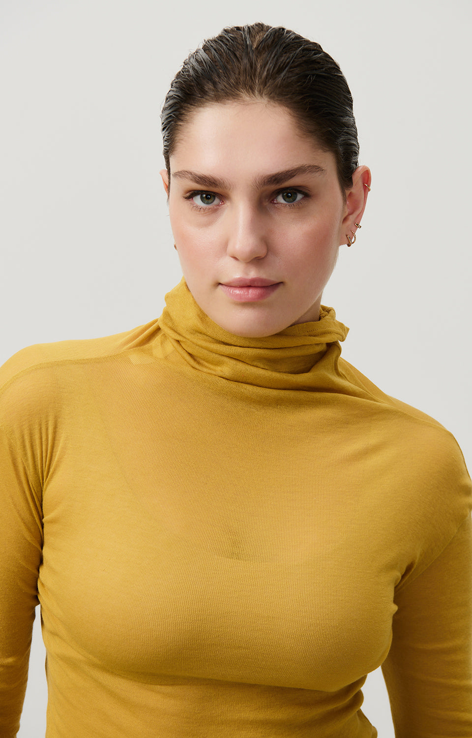 Women Yellow Cotton High Neck T-Shirt