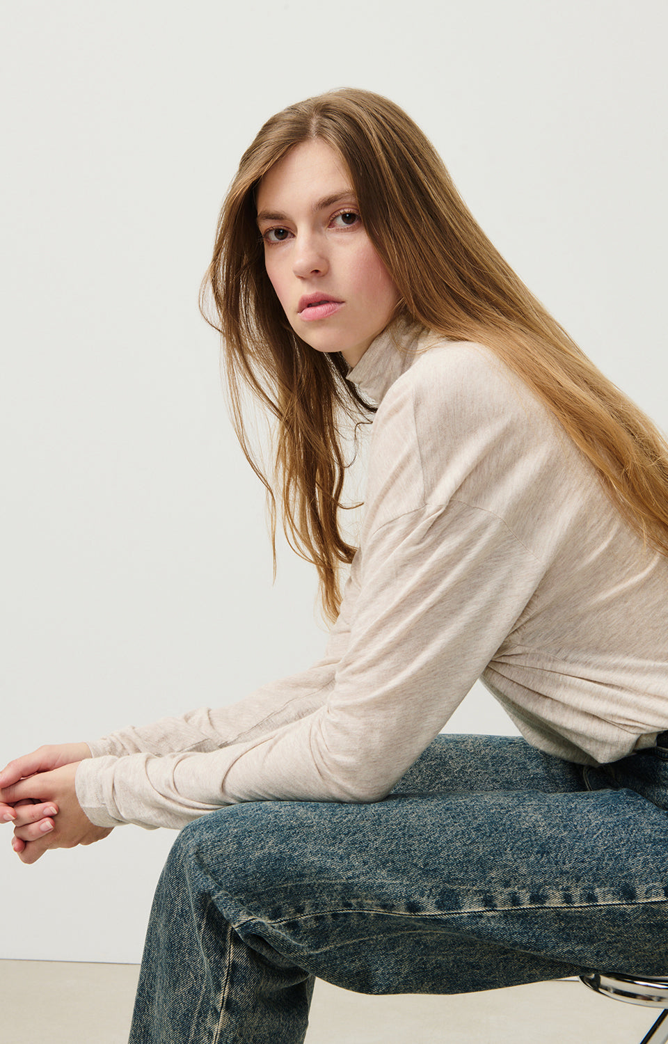 Women Beige High Neck Cotton T-Shirt
