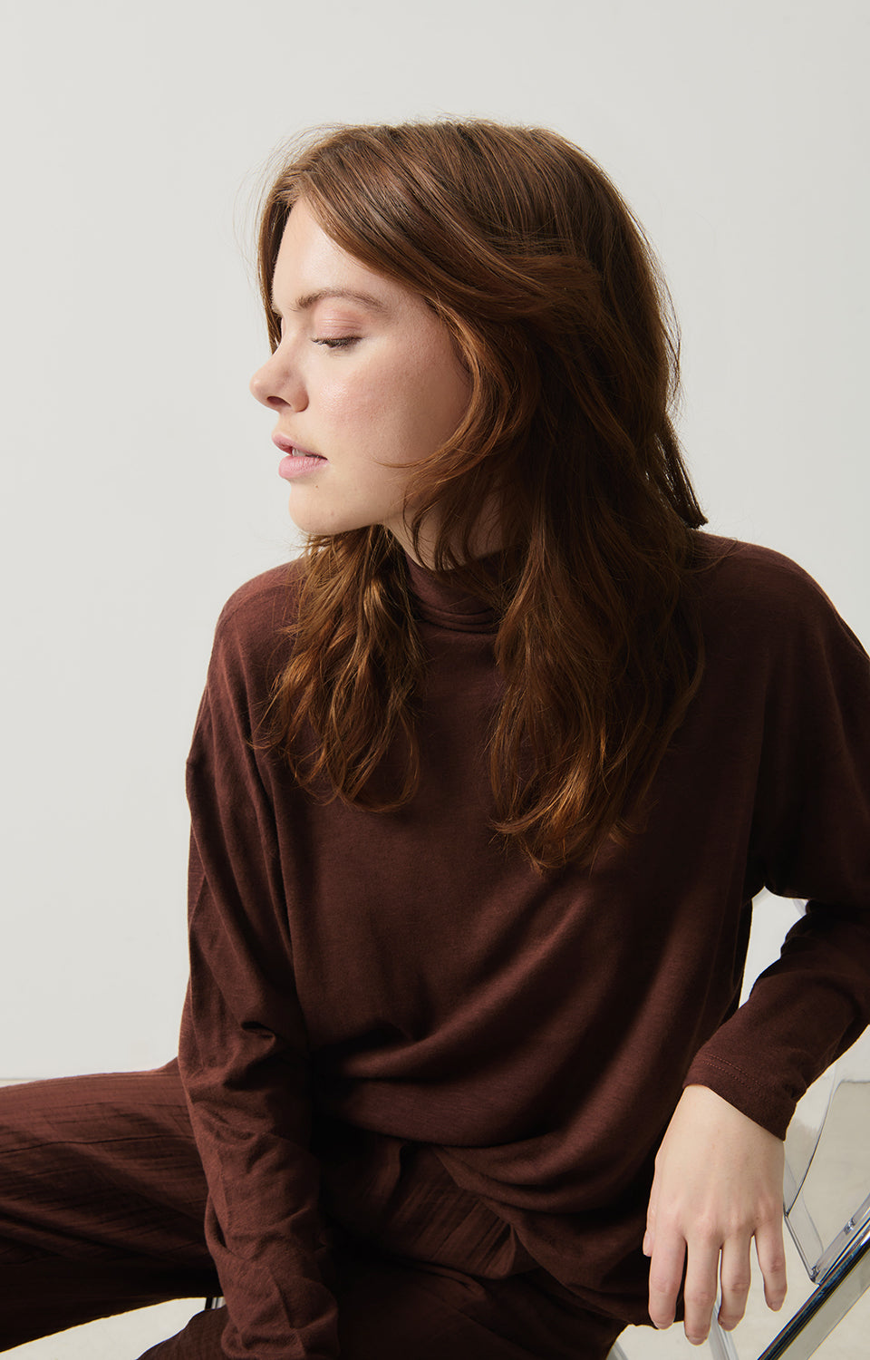 Women Brown Cotton High Neck T-Shirt