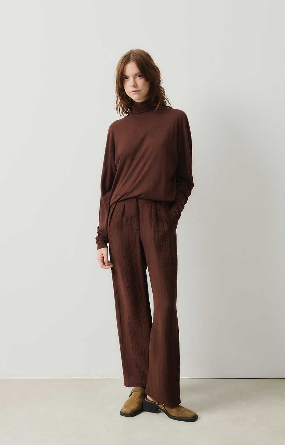 Women Brown Cotton High Neck T-Shirt