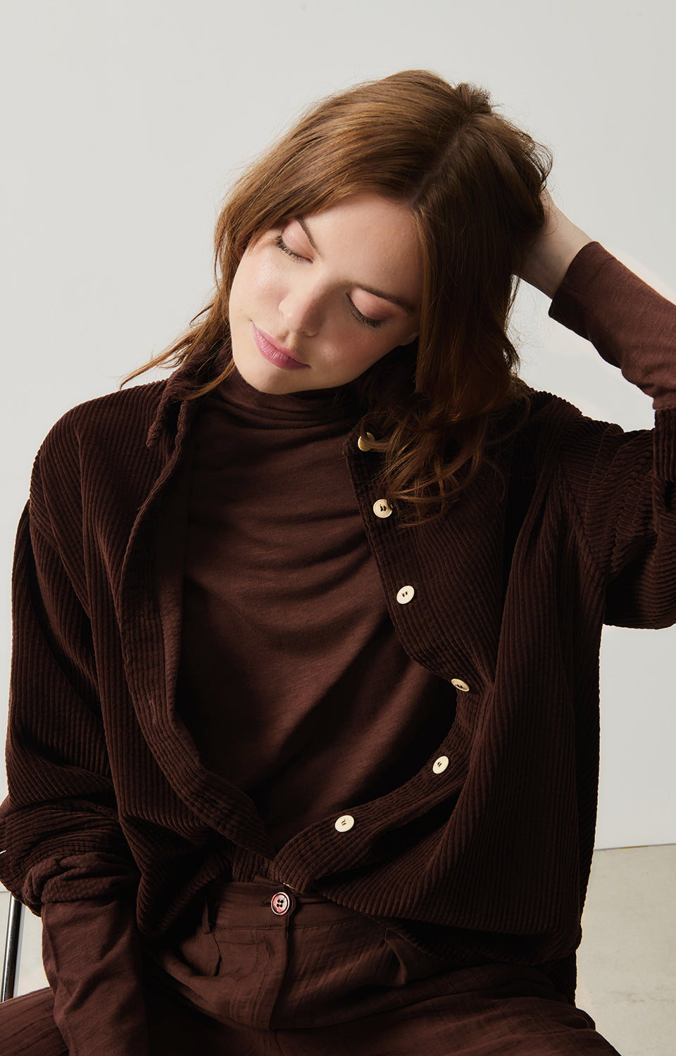 Women Brown Cotton High Neck T-Shirt