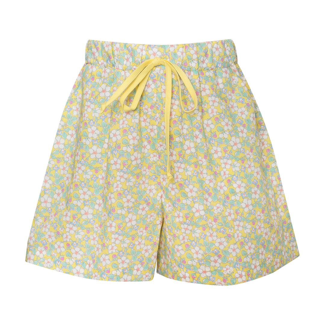Girls Yellow Floral Cotton Shorts