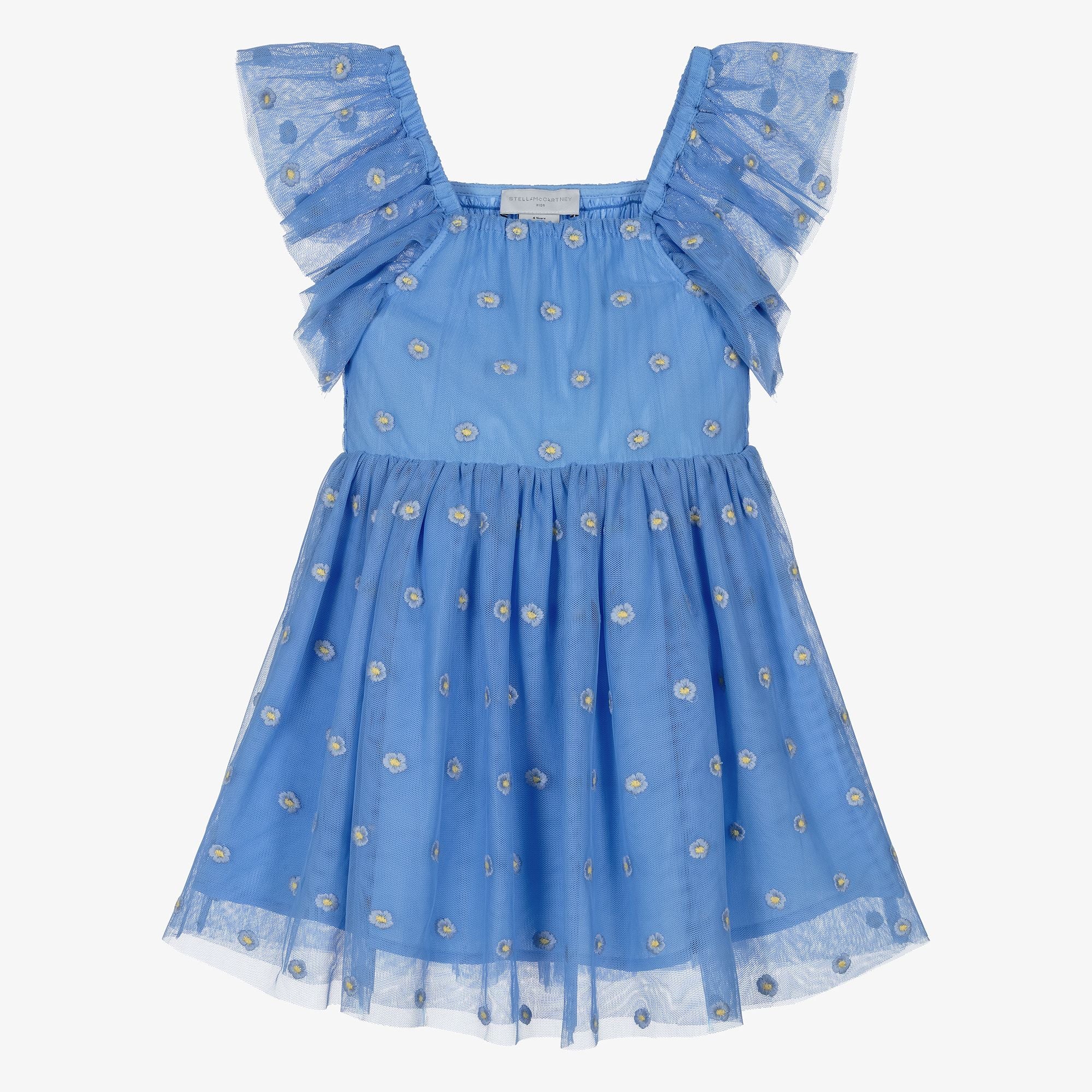 Girls Blue Flower Embroidered Tulle Dress