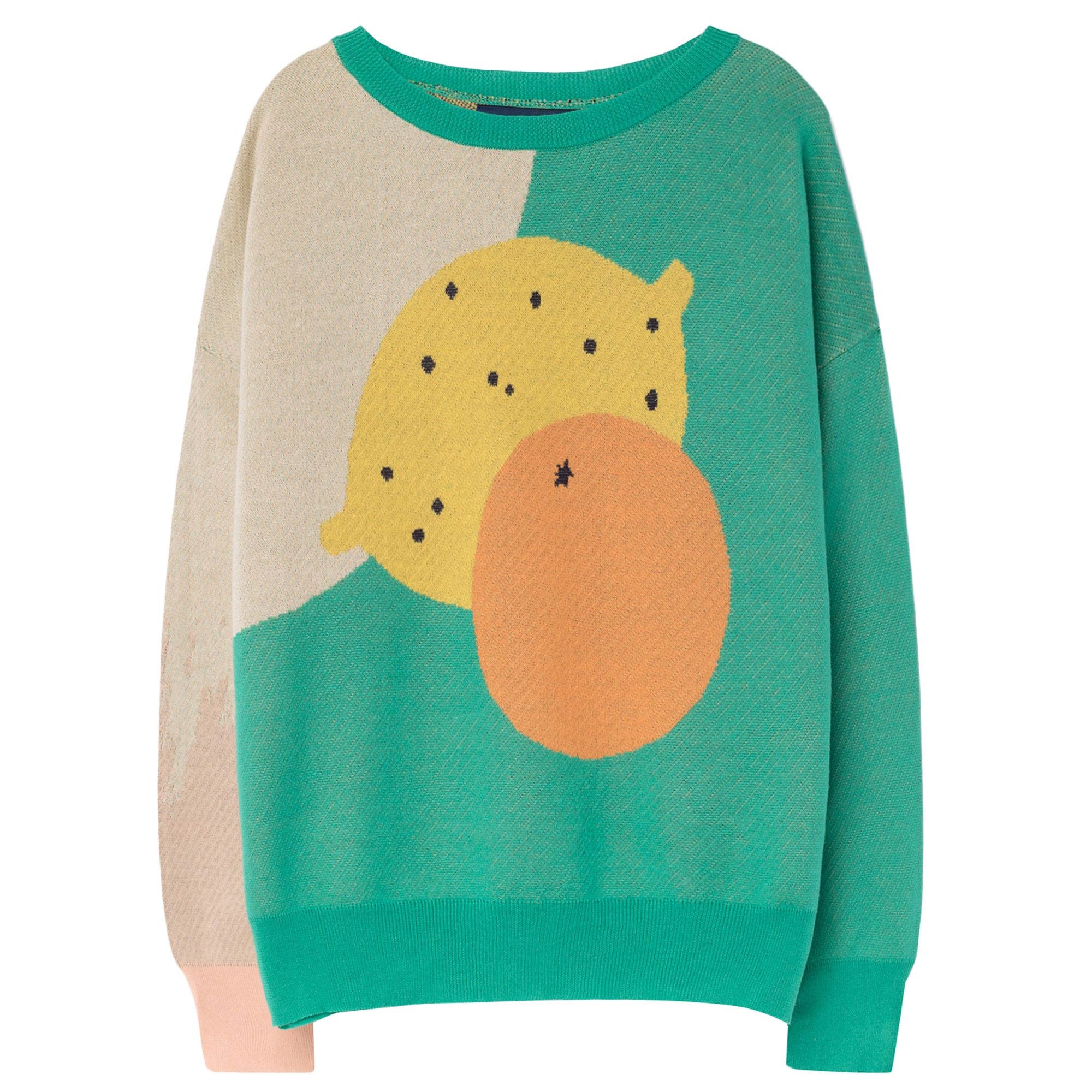 Girls Green Orange Printed Cotton Knitted Sweater