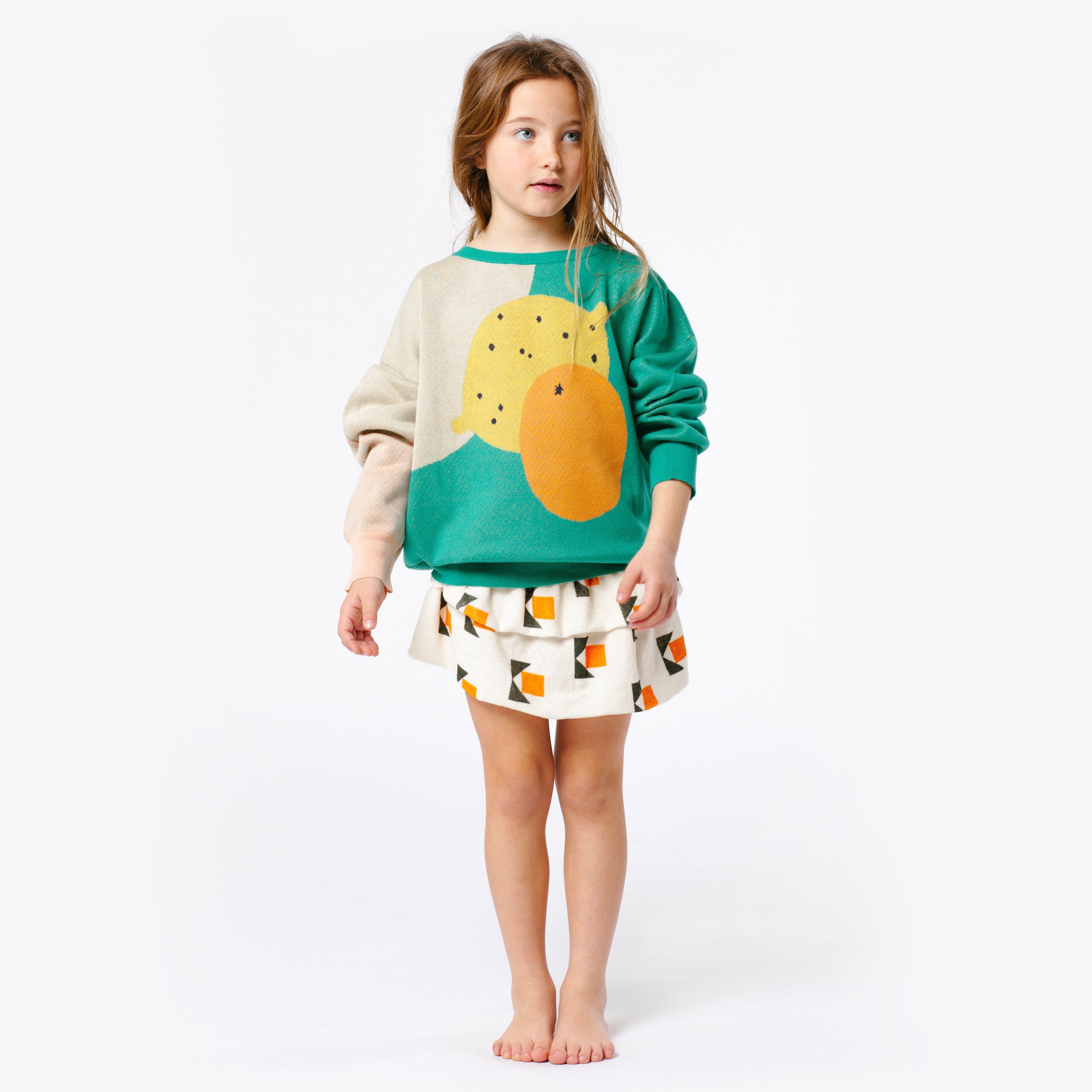 Girls Green Orange Printed Cotton Knitted Sweater