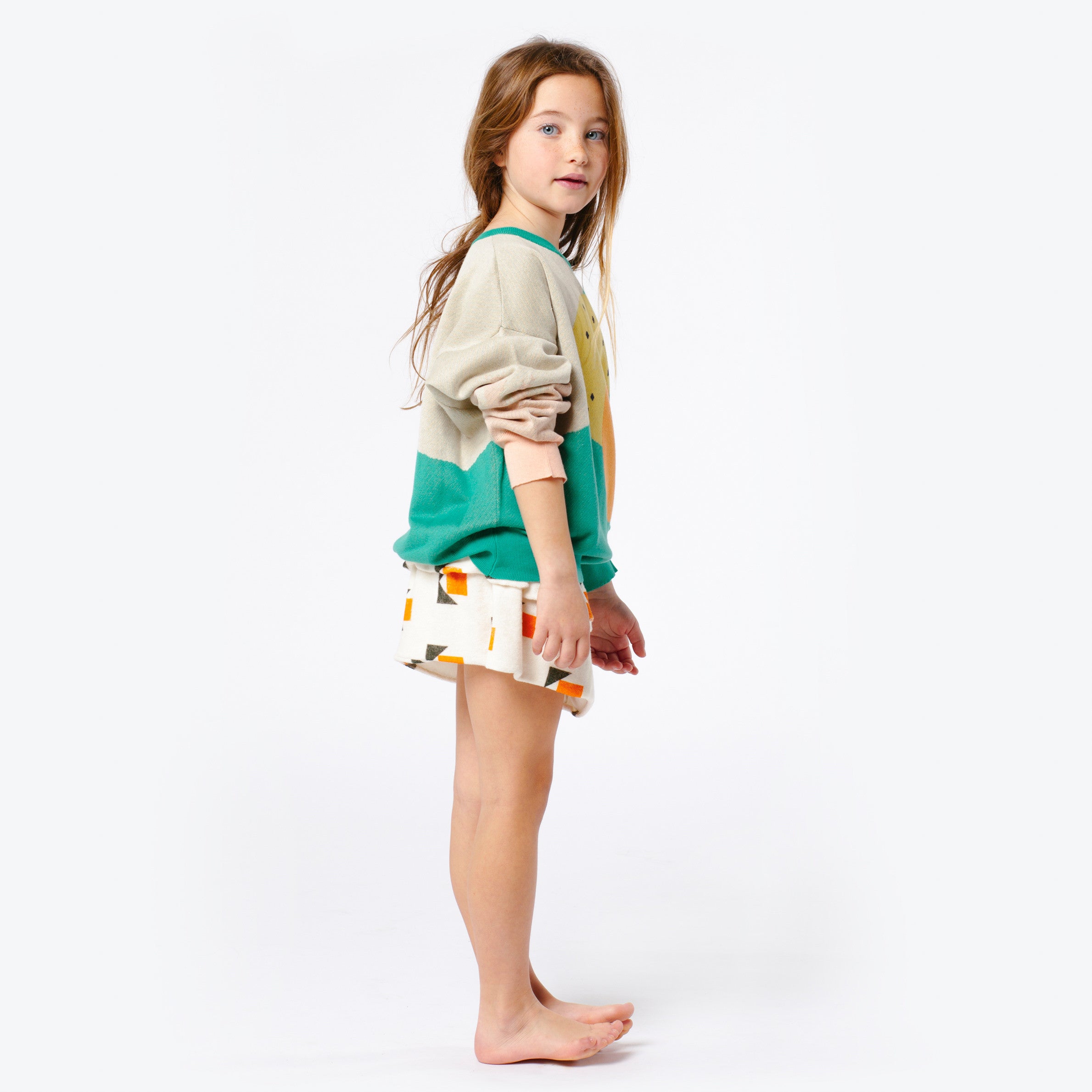 Girls Green Orange Printed Cotton Knitted Sweater