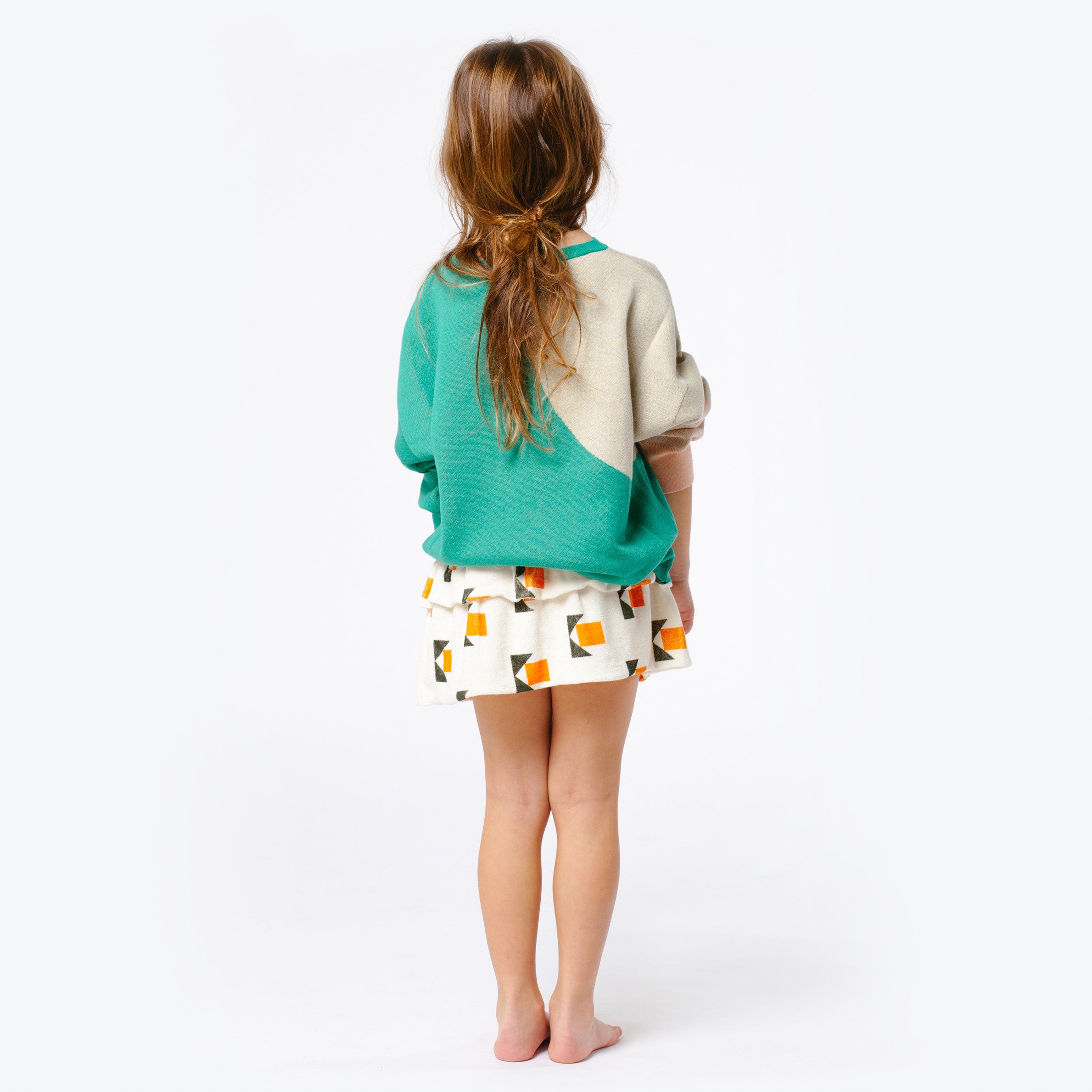 Girls Green Orange Printed Cotton Knitted Sweater