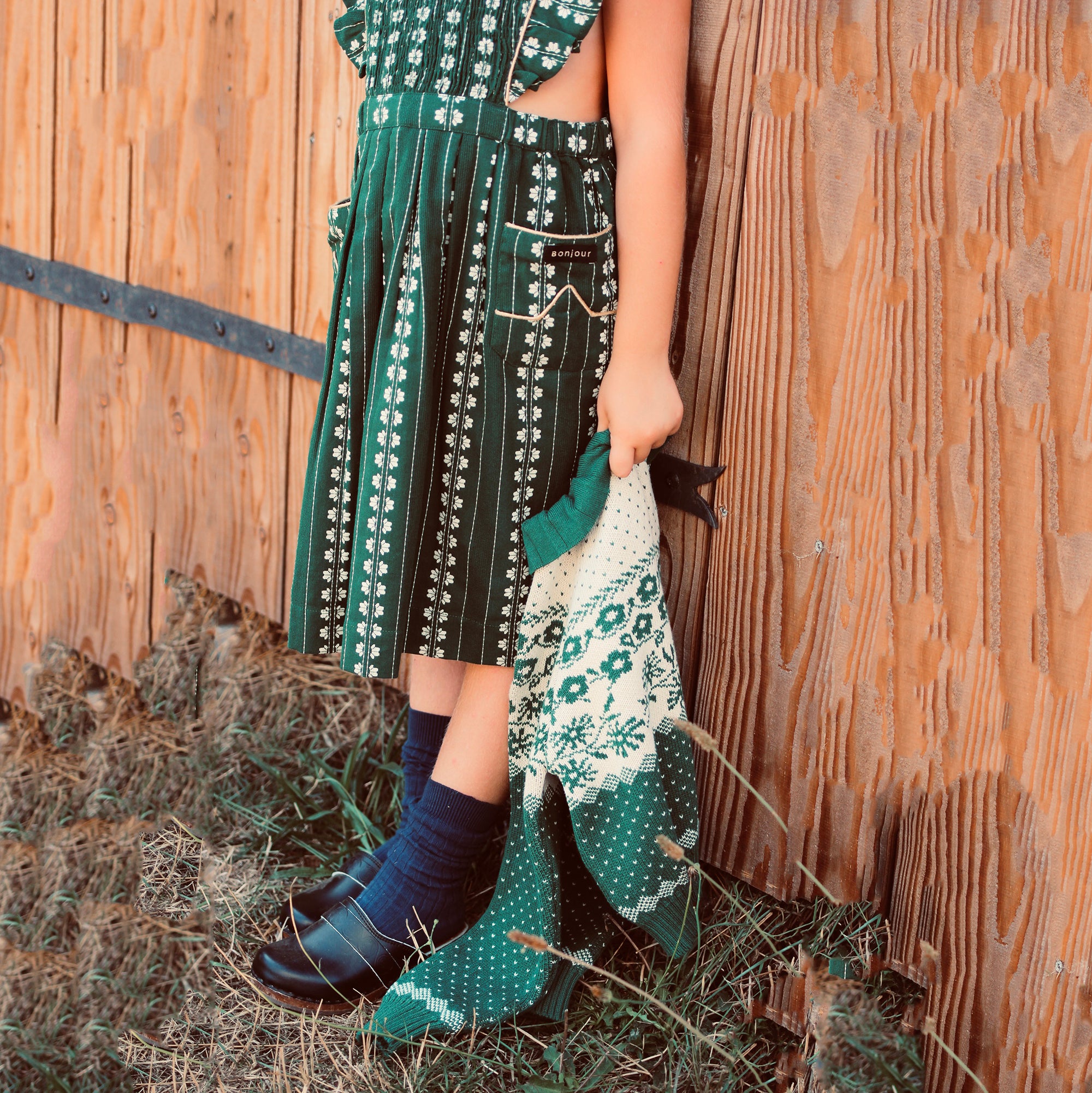 Girls Green Flowers Cotton Dress