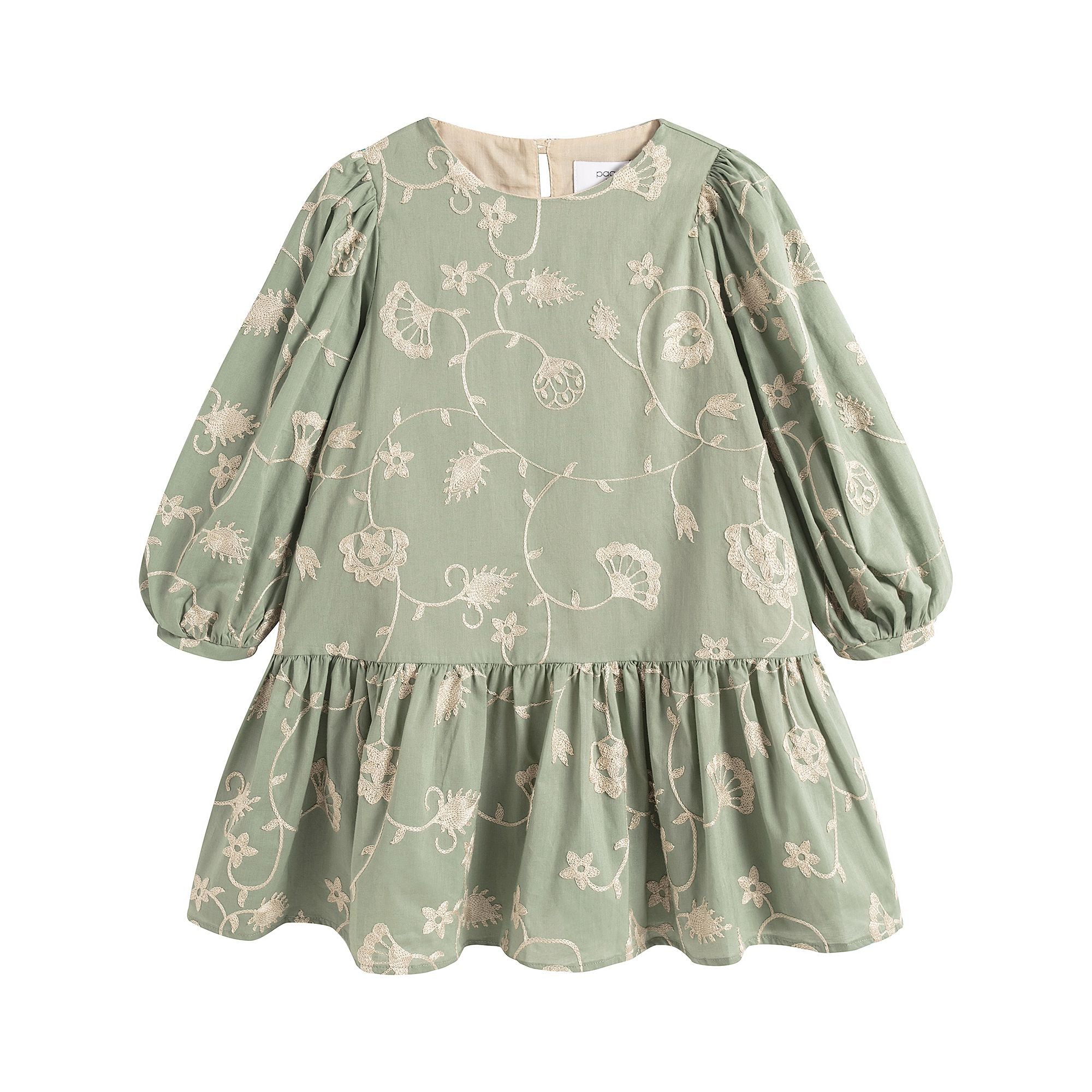 Girls Green Embroidered Cotton Dress