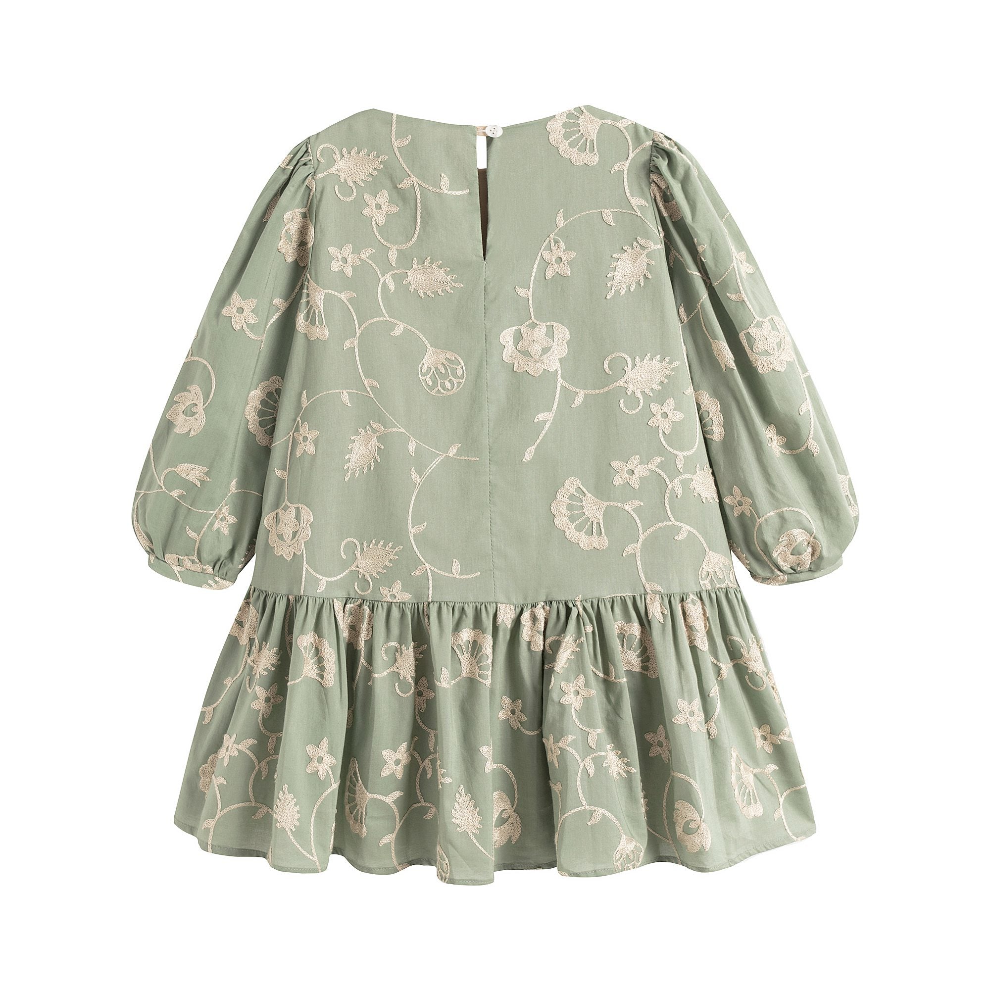 Girls Green Embroidered Cotton Dress