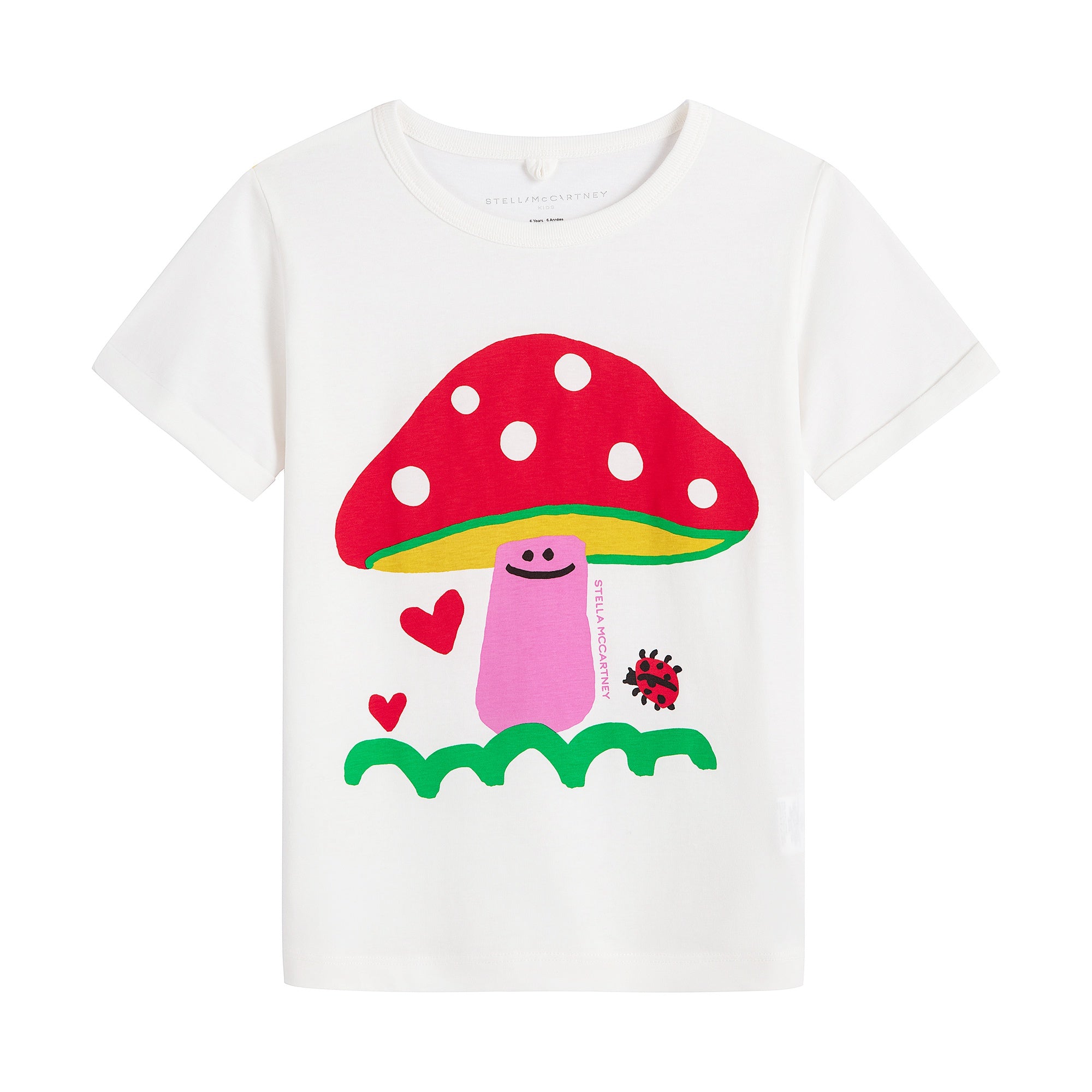 Girls White Mushroom Printed Cotton T-Shirt