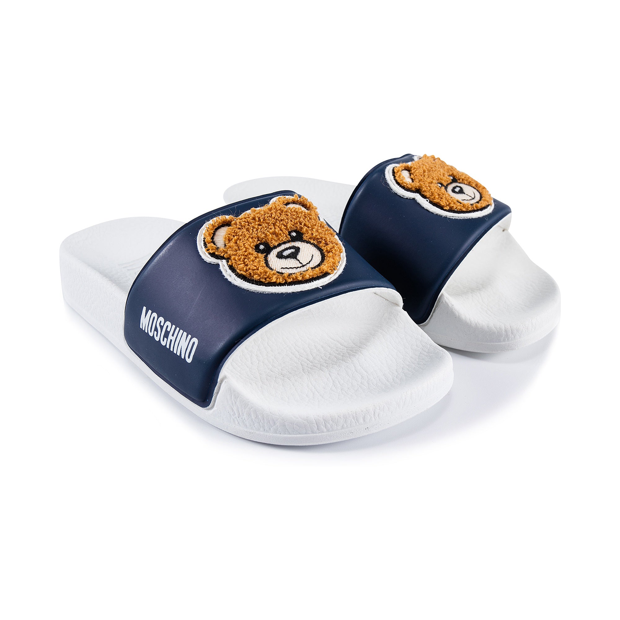 Boys Blue Patch Teddy Slides