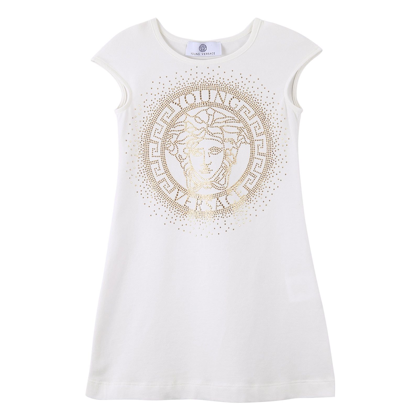 Girls White Cotton Dress With Gold Rhinestone Logo - CÉMAROSE | Children's Fashion Store - 1