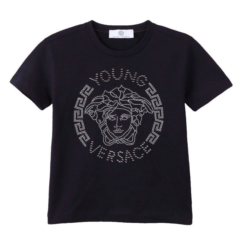 Boys Black Cotton T-Shirt With Gray Rhinestone Logo - CÉMAROSE | Children's Fashion Store - 1