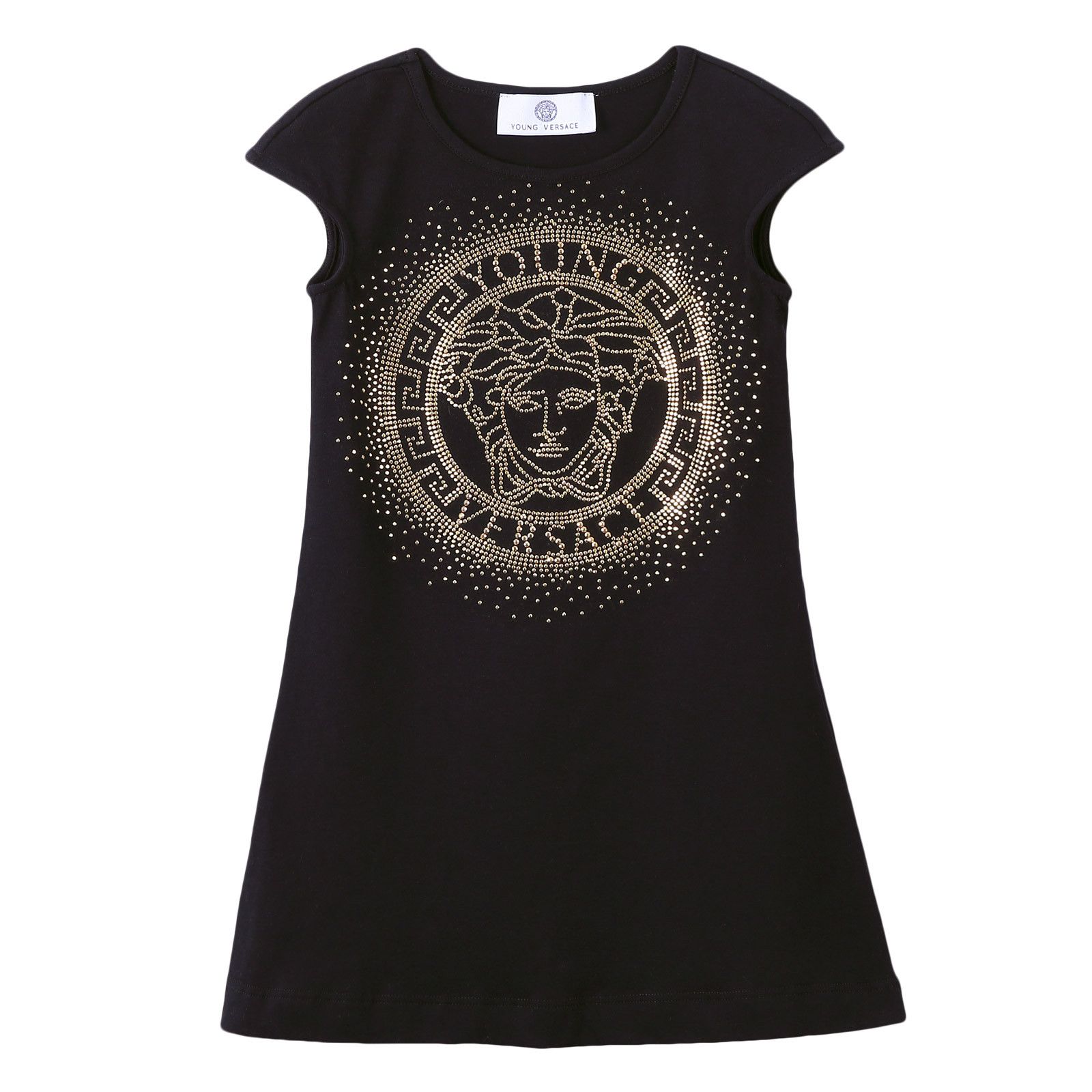 Girls Black Cotton Dress With Gold Rhinestone Logo - CÉMAROSE | Children's Fashion Store - 1